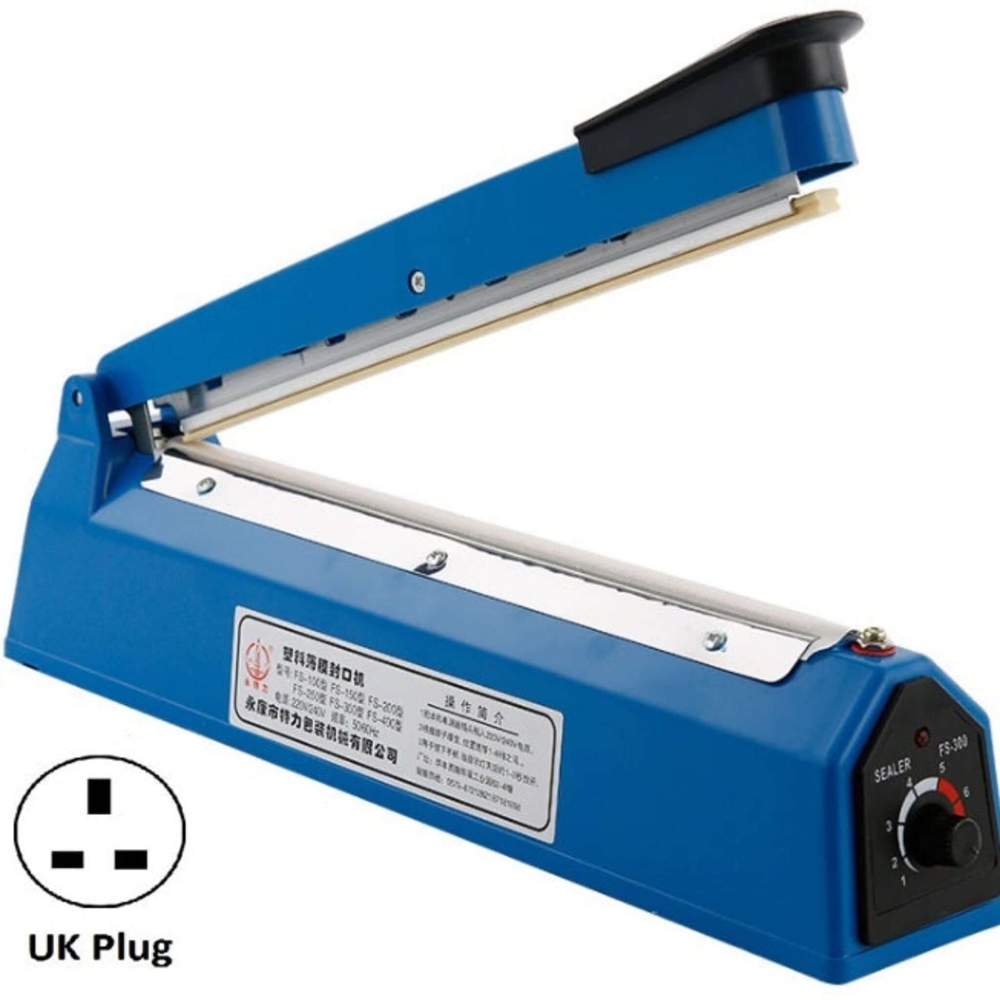 300mm impulse heat sealer machine with UK plug, ideal for airtight plastic bag sealing.