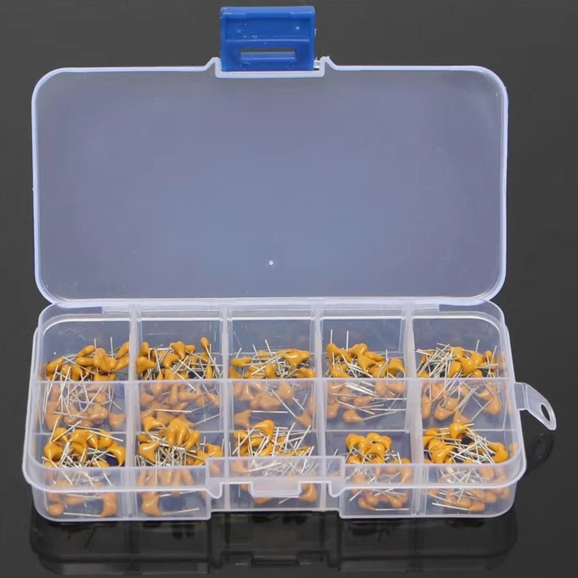 300pcs multilayer ceramic capacitor kit in a clear organizer, featuring assorted values from 10pF to 100nF.