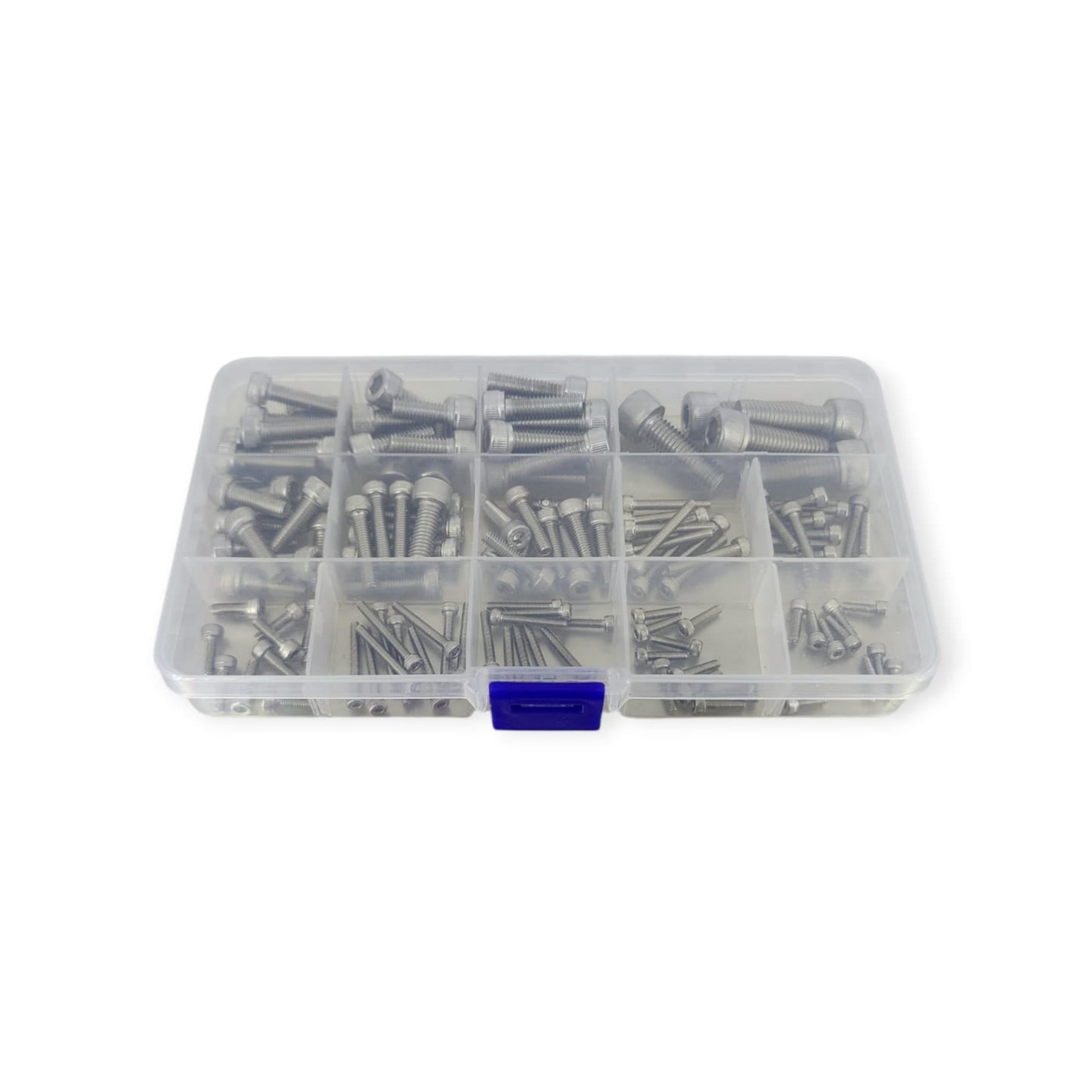 A top-down view of a 135-piece socket cap screw assortment in a clear plastic organizer case with multiple compartments.