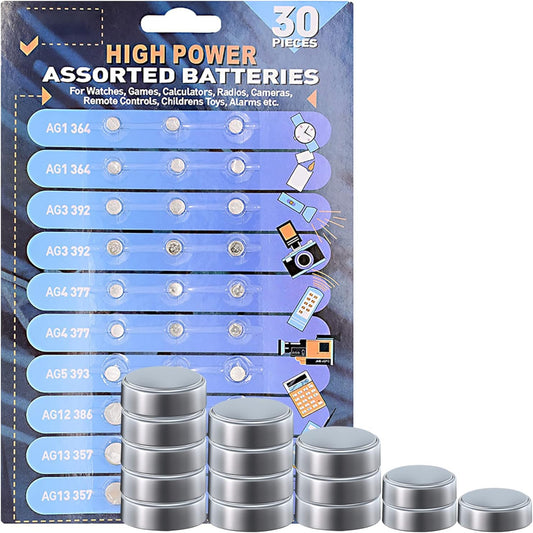 30-pack assorted high power button cell batteries for watches, calculators, toys, and more.