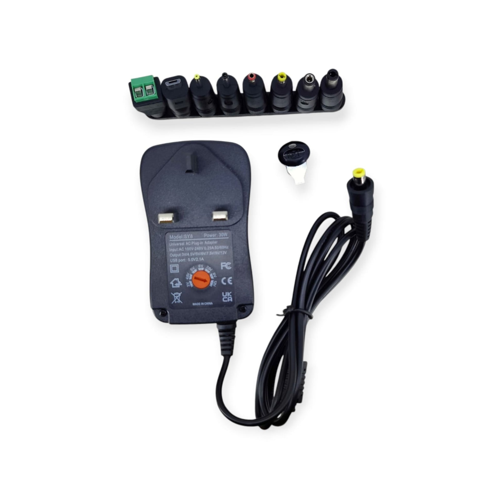 Full kit of 30W universal AC adapter, including 8 DC tips in a holder and a voltage adjustment key.