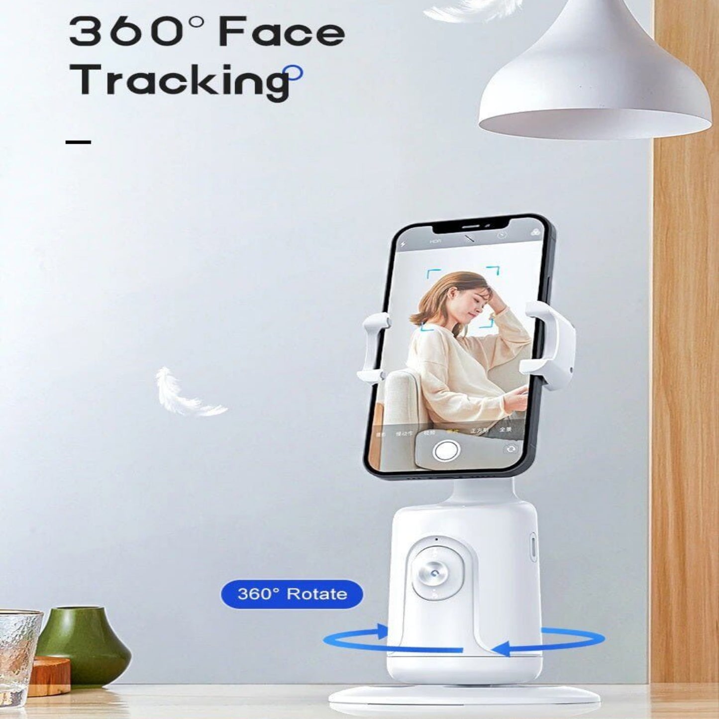 Auto Tracking Phone Holder, Auto Face Tracking Tripod - Black showcasing 360° automatic face tracking technology.