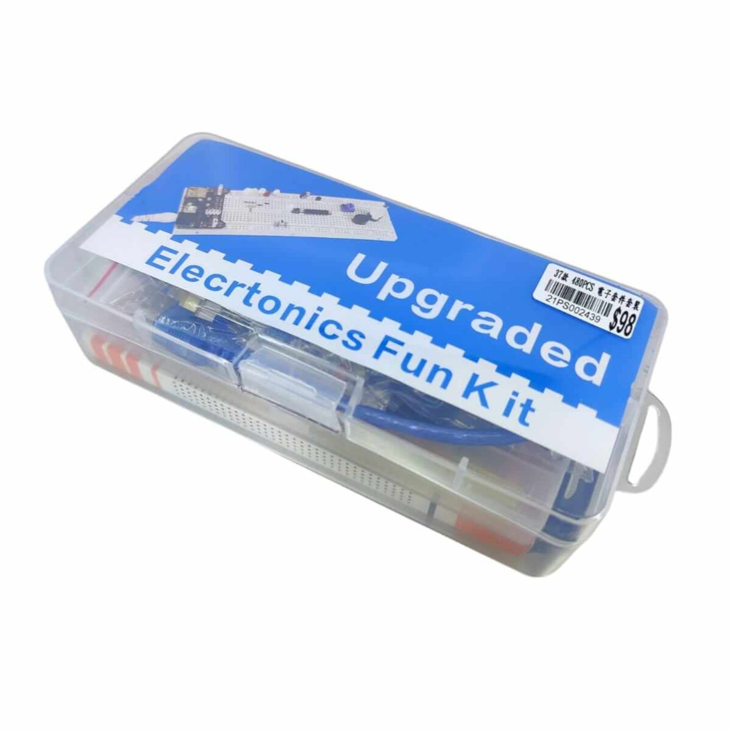Upgraded electronics fun kit in a clear container for hobbyists and beginners with essential components.