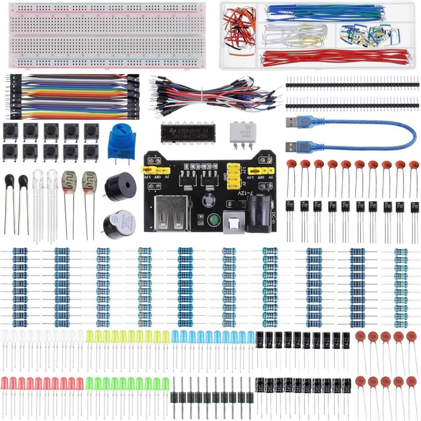 480 pcs electronics component kit with breadboard, jumper wires, resistors, LEDs, and power supply module for beginners