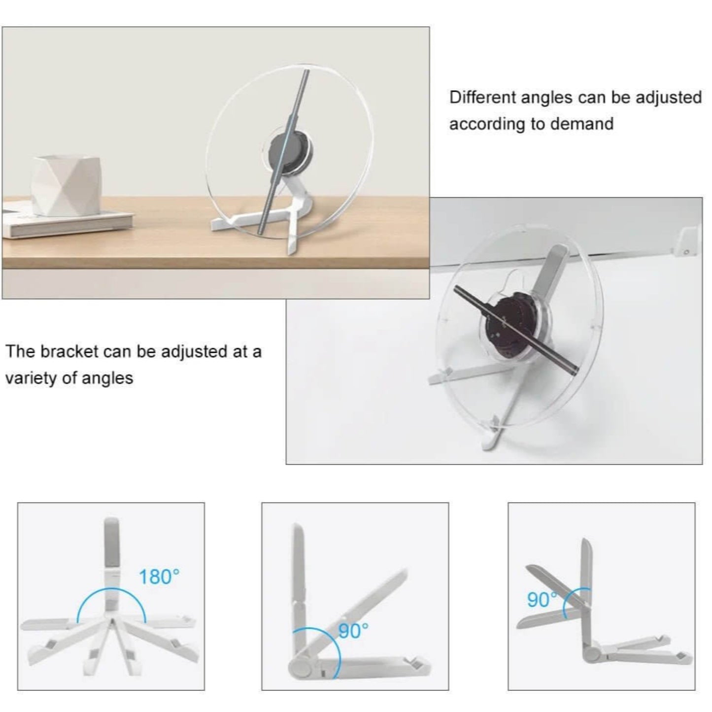 25CM 3D Holographic Fan Screen Rotating Display for Advertising showcasing adjustable angles and bracket positions.