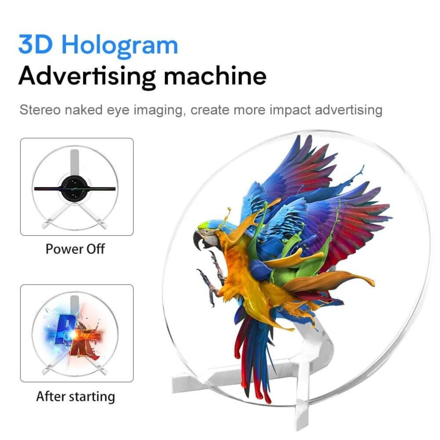 25CM 3D Holographic Fan Screen Rotating Display for Advertising showcasing vibrant holographic visuals of a parrot.