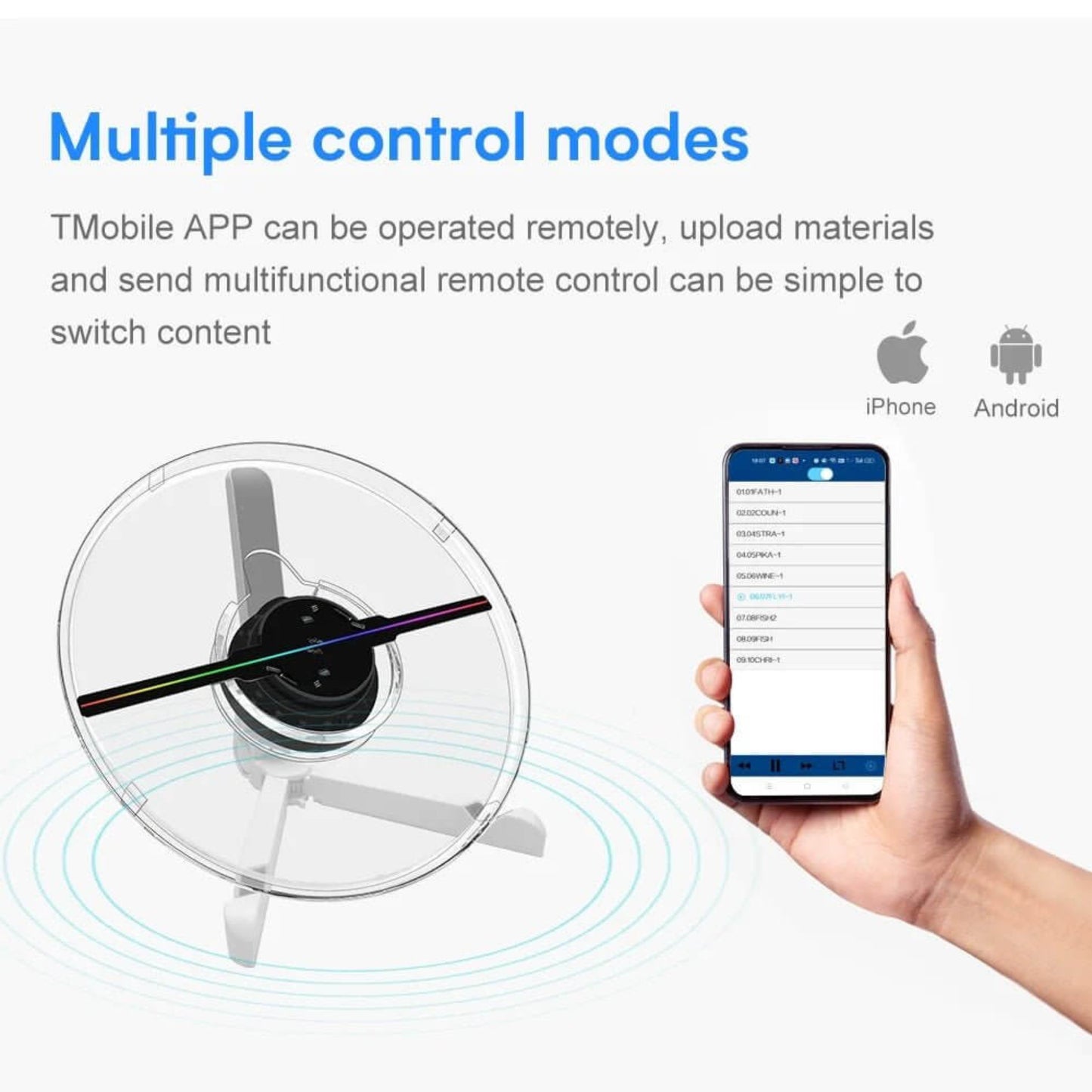 25CM 3D Holographic Fan Screen Rotating Display for Advertising with multiple control modes via mobile app.