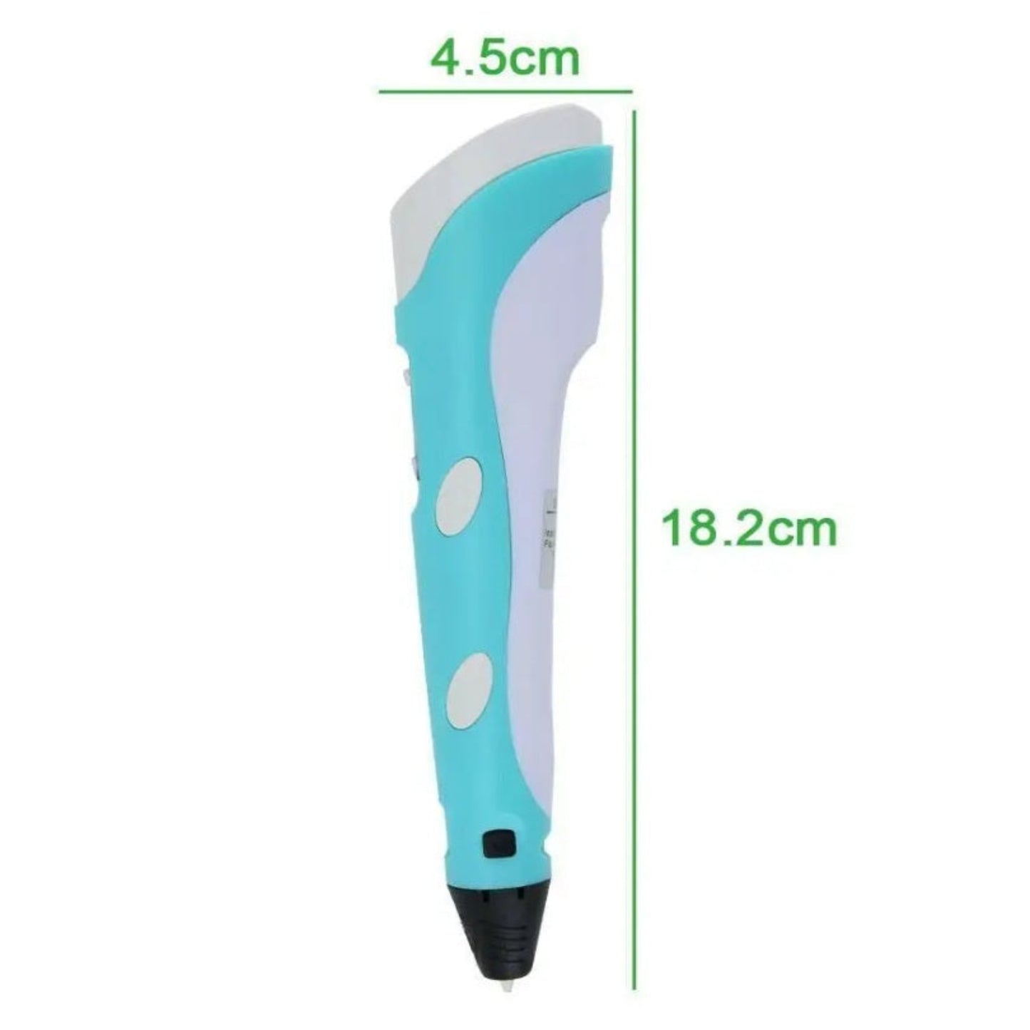 Dimensions of the 3D printing pen, showing 18.2cm length and 4.5cm width for ergonomic design.