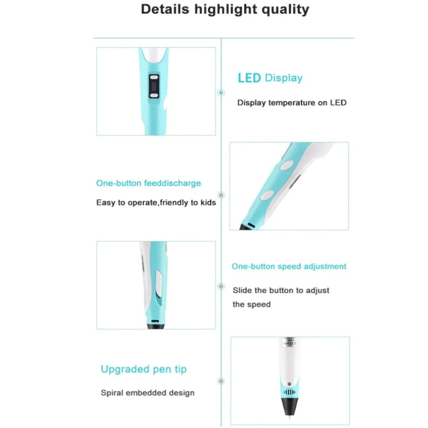 Key features of the 3D printing pen: LED display, one-button feed, speed adjustment, upgraded spiral tip.
