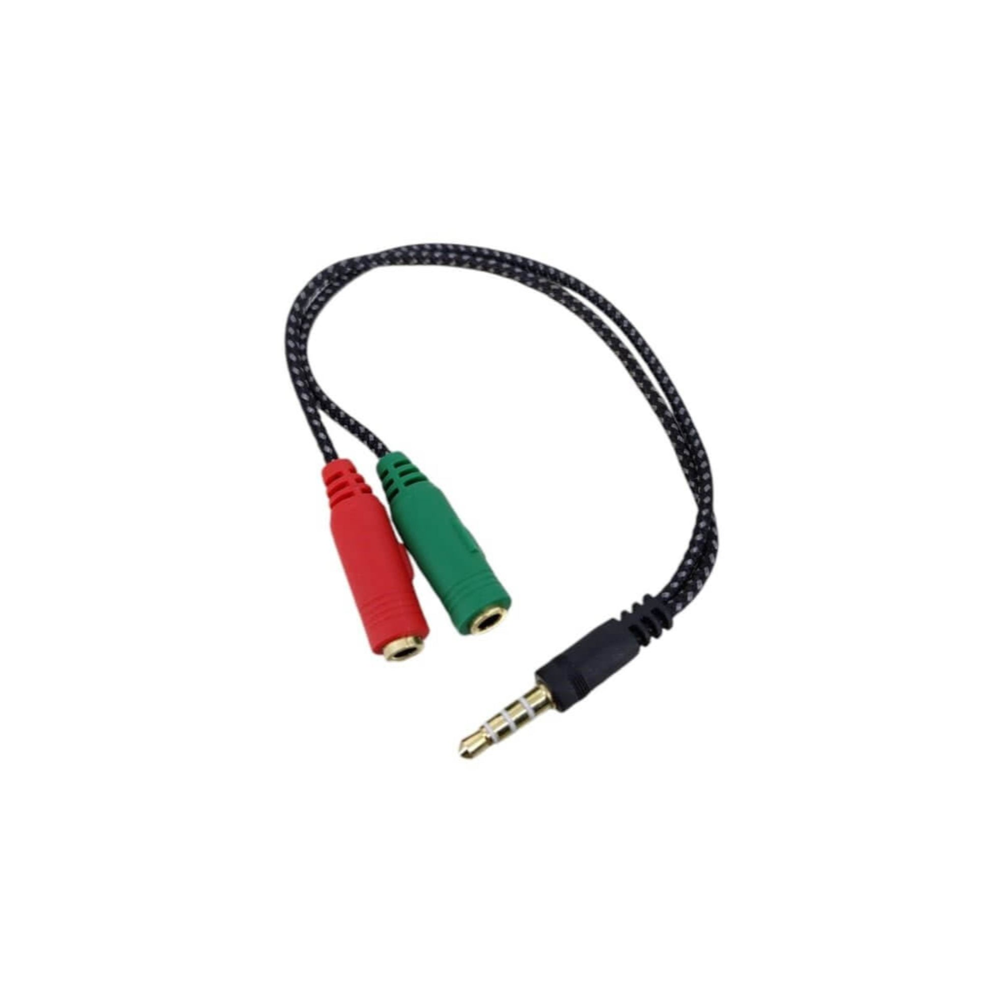 3.5mm headphone and mic splitter adapter with red and green connectors for PC, PS4, and Xbox.