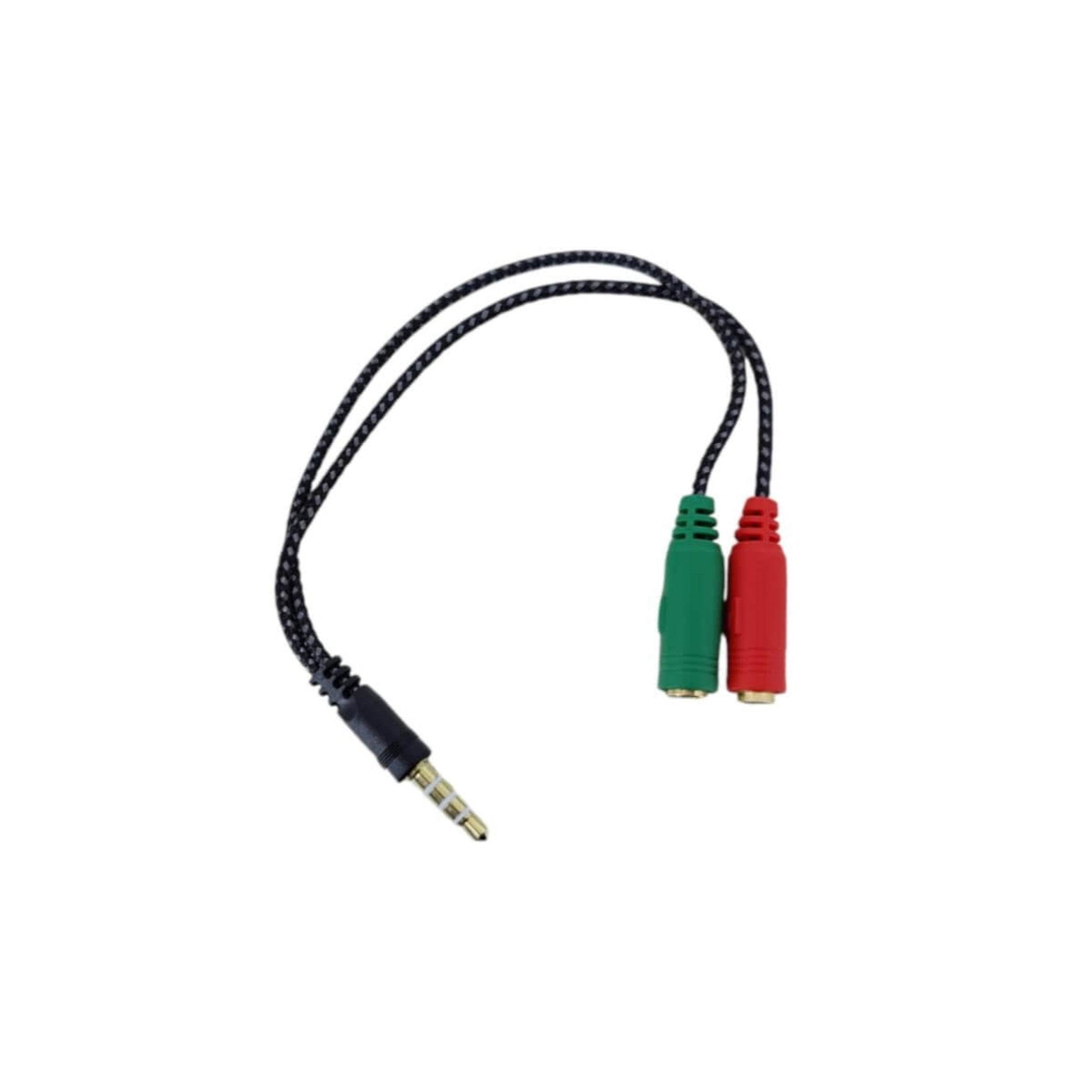 3.5mm headphone and mic splitter adapter with black braided cable, green and red connectors.