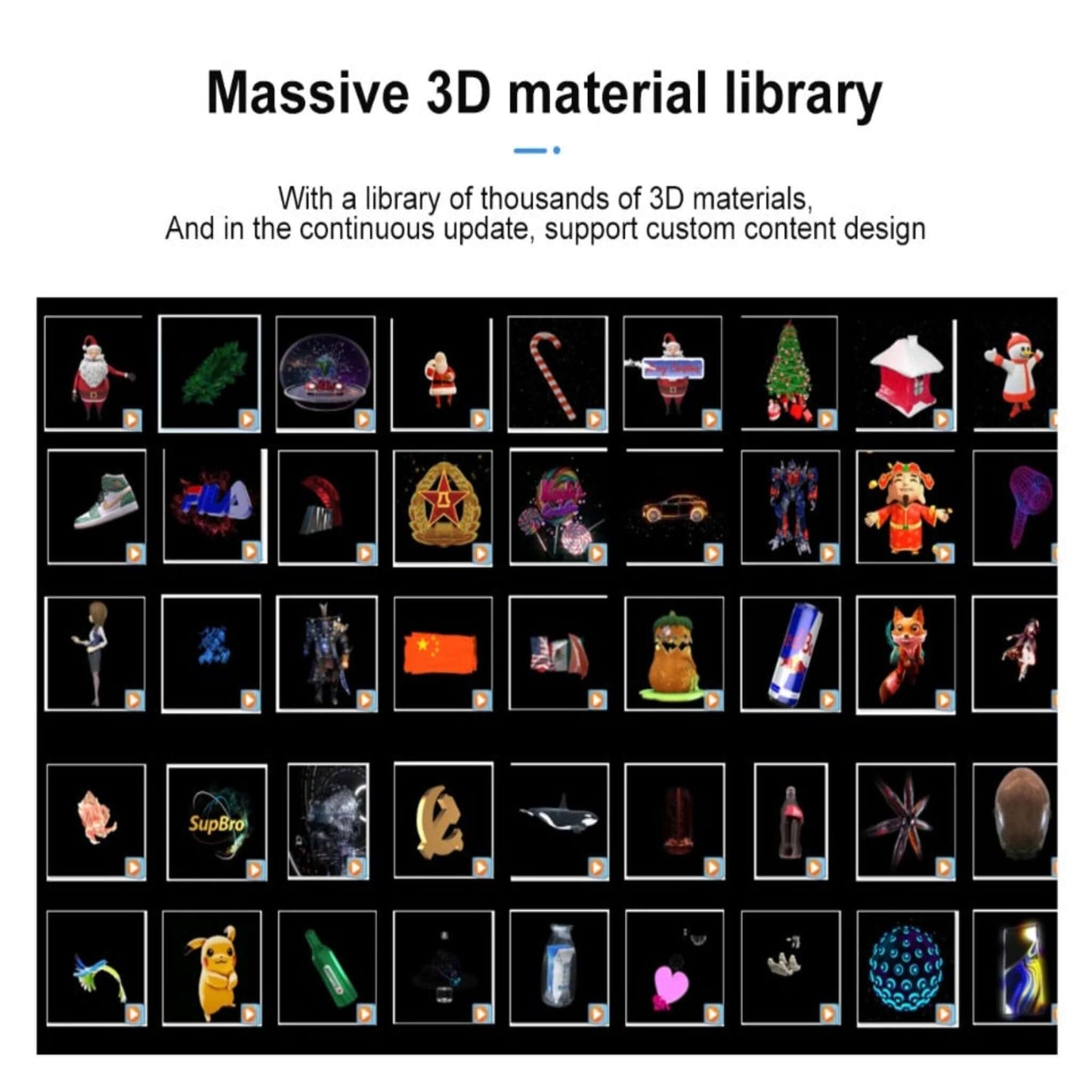 Screen displaying a massive library of thousands of 3D materials for the hologram fan, supporting custom content design.