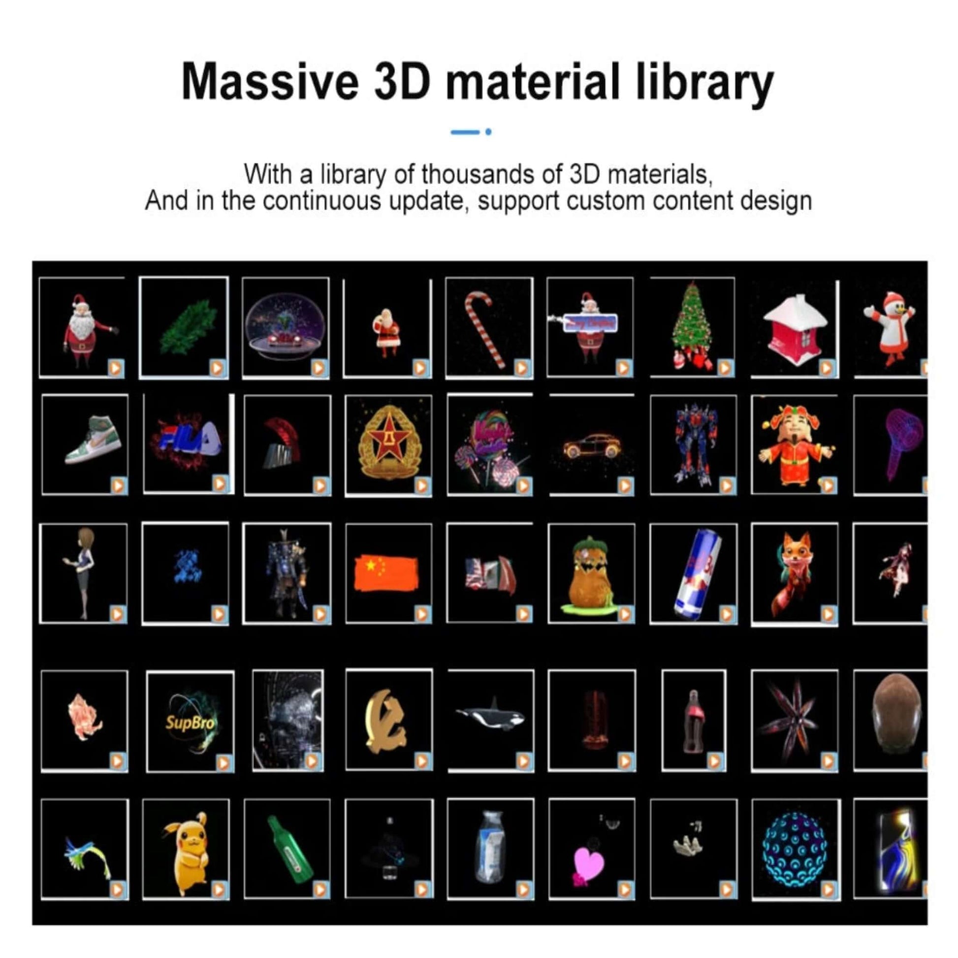Screen displaying a massive library of thousands of 3D materials for the hologram fan, supporting custom content design.