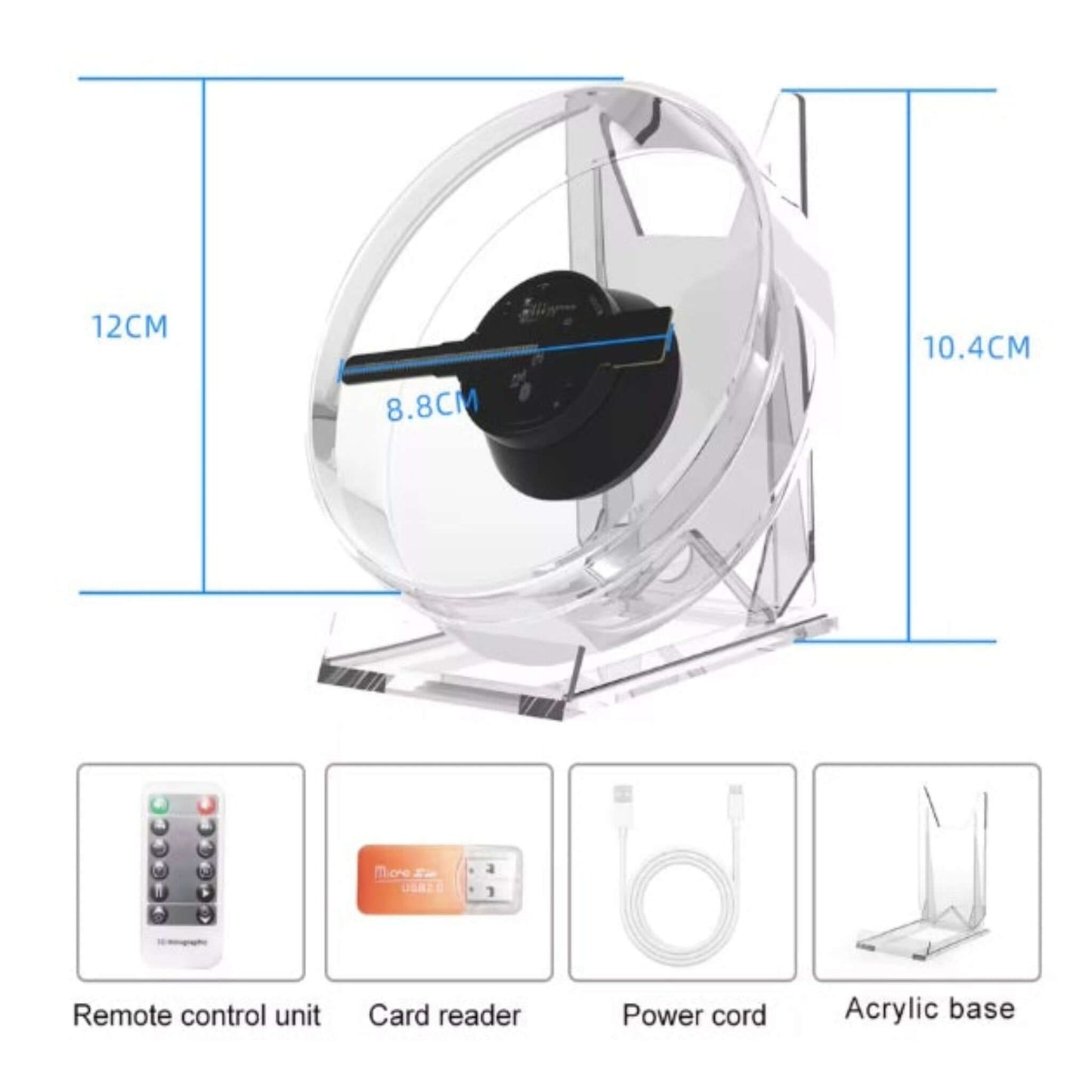 Dimensions of the 12cm 3D hologram fan and included accessories: remote, card reader, power cord, acrylic base.