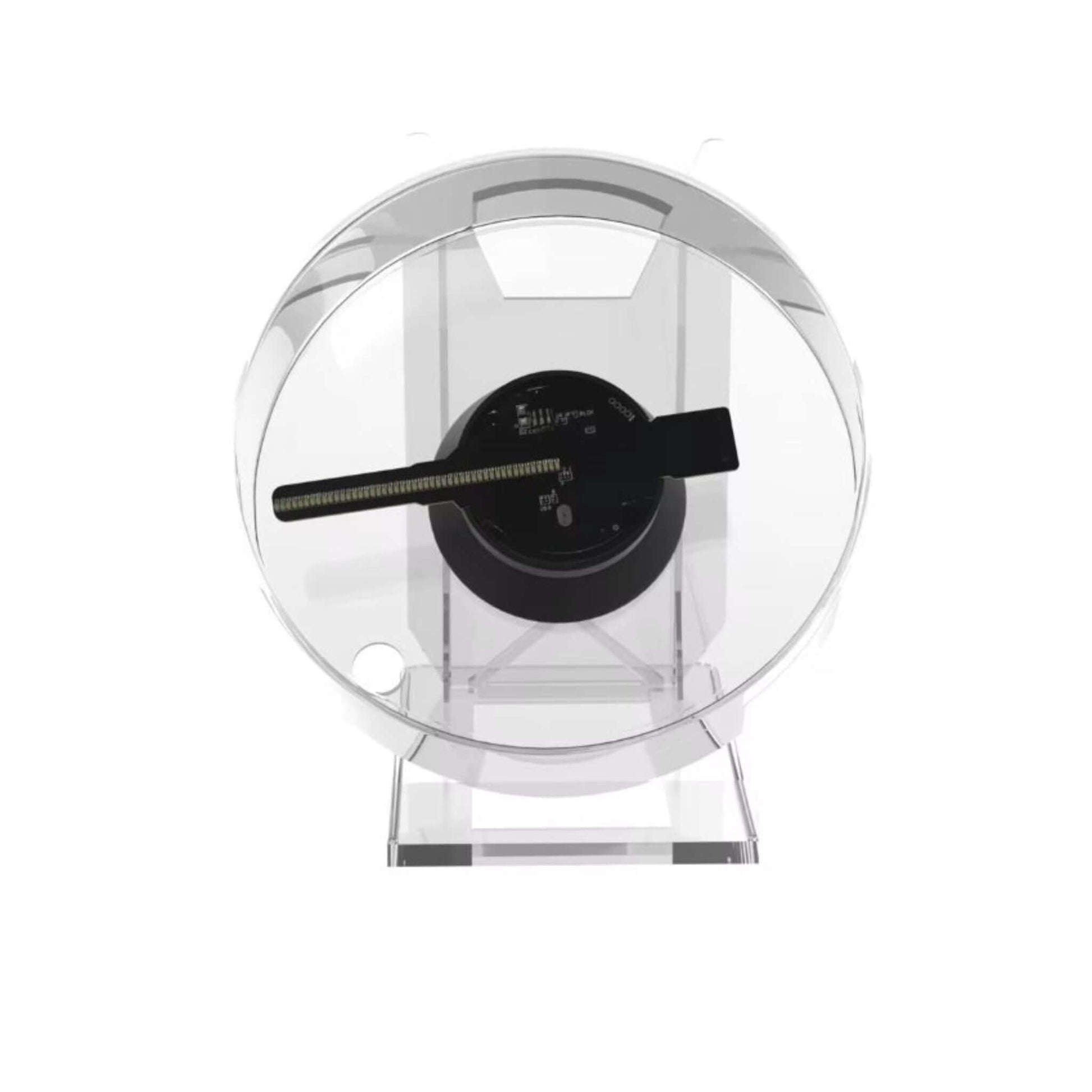 Front view of the 12cm Mini 3D Hologram Fan on its acrylic base, ready for immersive holographic projections.