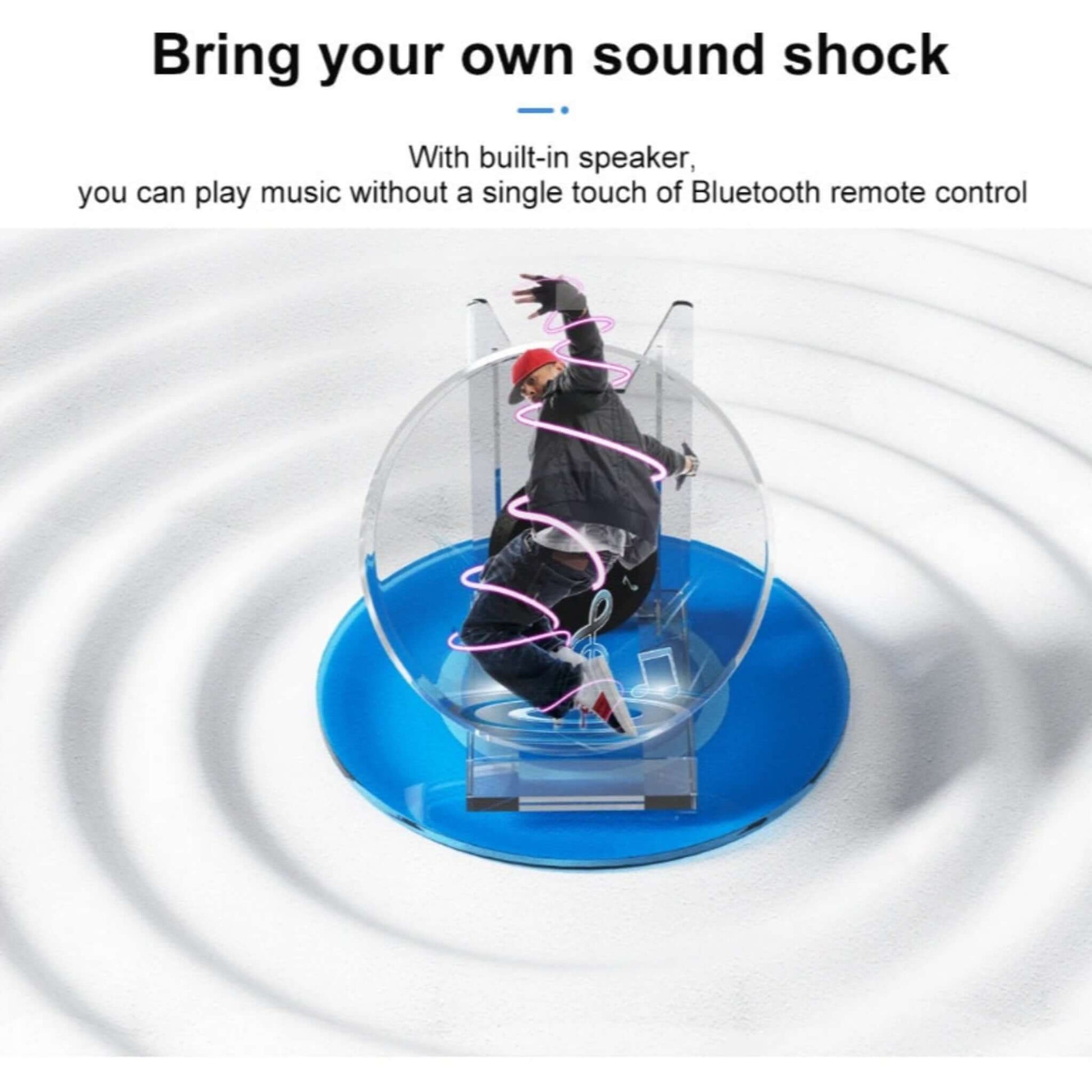 3D holographic projector with a built-in speaker, showing a dynamic 3D figure on a blue base, creating immersive sound.