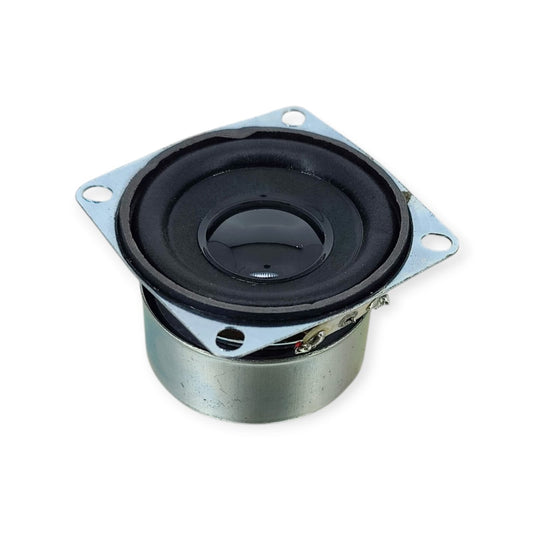 Angled front view of a 3W 4 Ohm square-frame speaker driver with black cone.