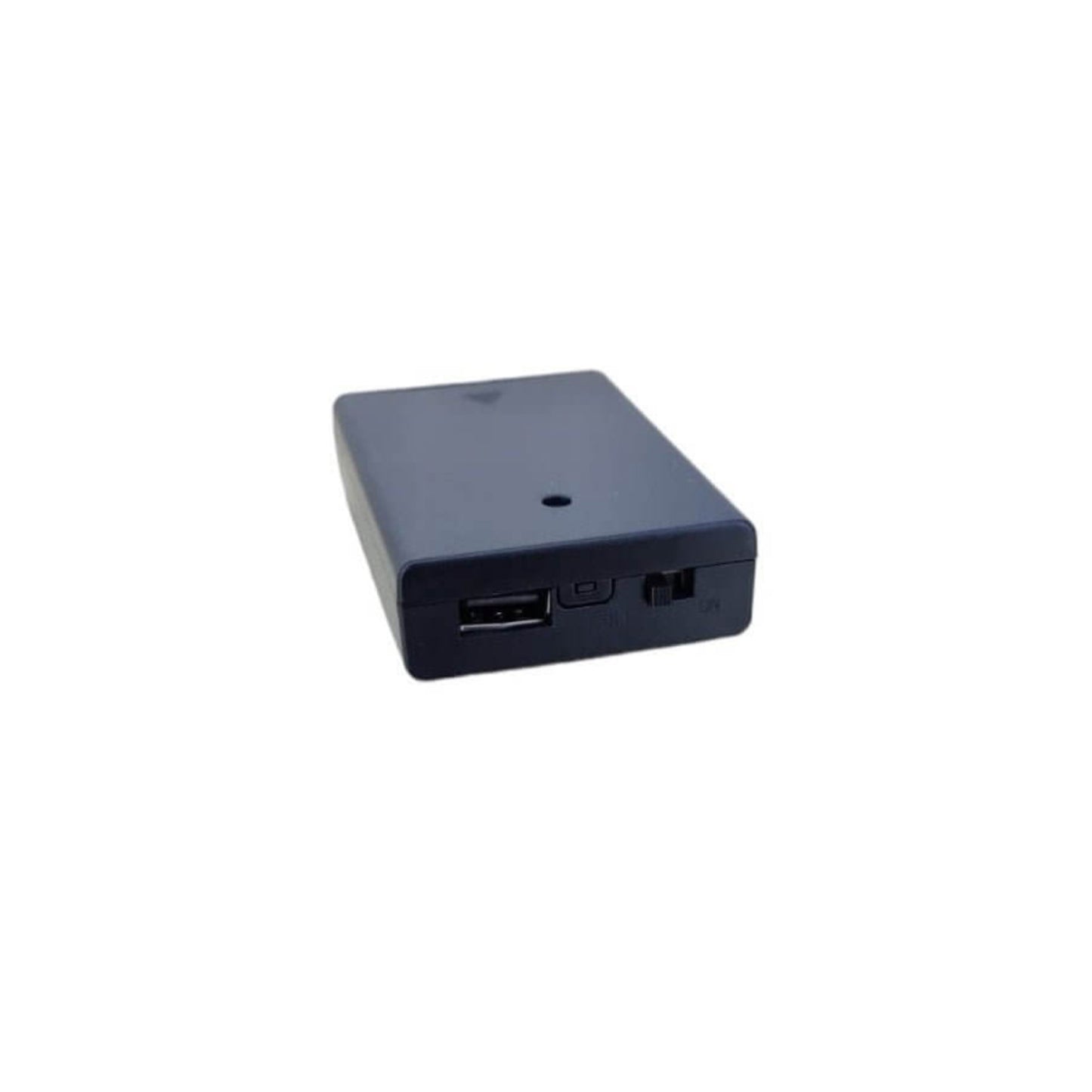Black 3xAA battery holder showing the USB-A port, a small button, and the on-off power switch on the side.
