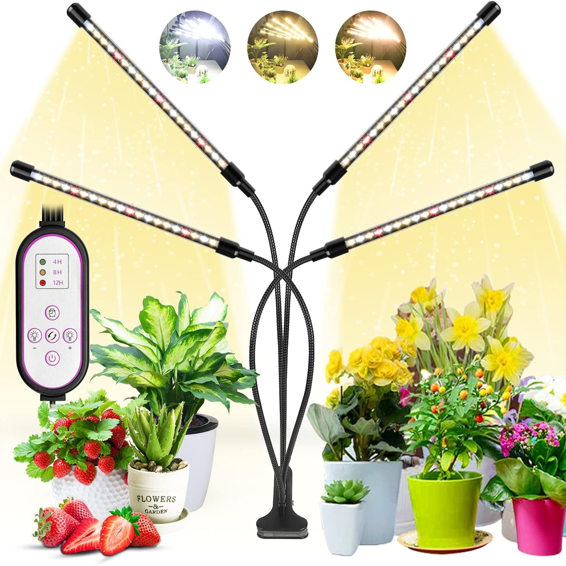 Multi-Functional 4-Head LED Grow Light with adjustable arms illuminating various indoor plants and flowers.