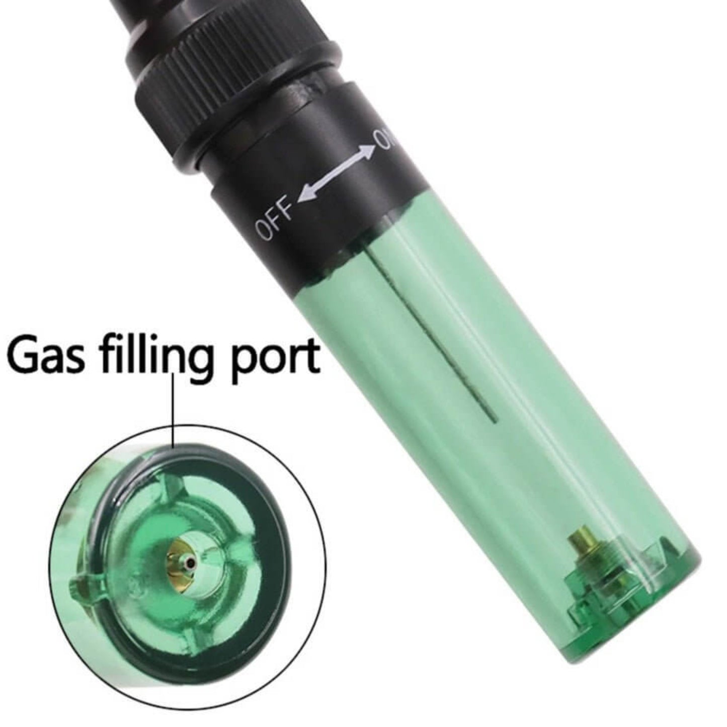 Close-up of the gas filling port on the 4-in-1 cordless gas soldering iron, showing its design and functionality.