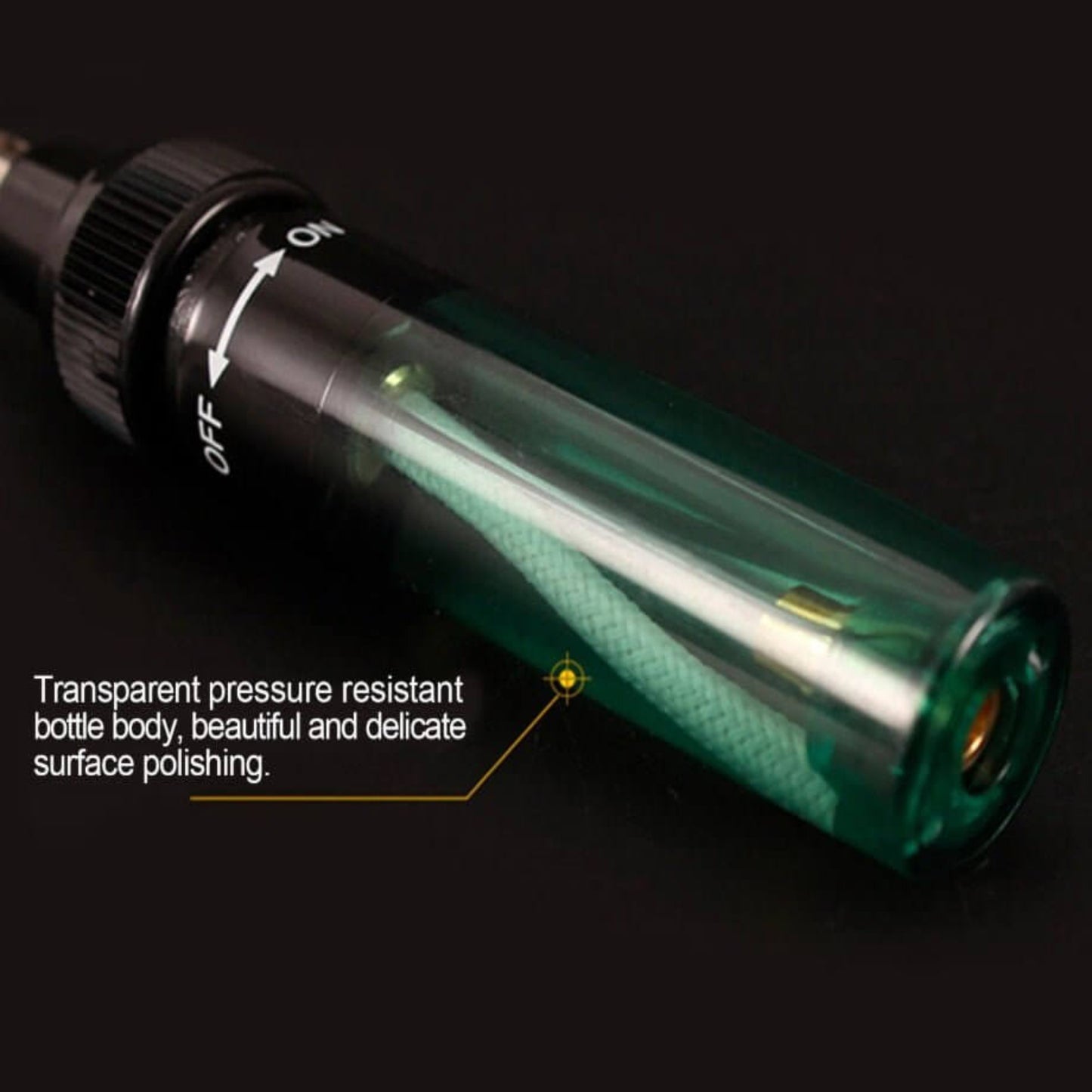 Close-up of a transparent pressure-resistant bottle showcasing its polished design and on/off feature.
