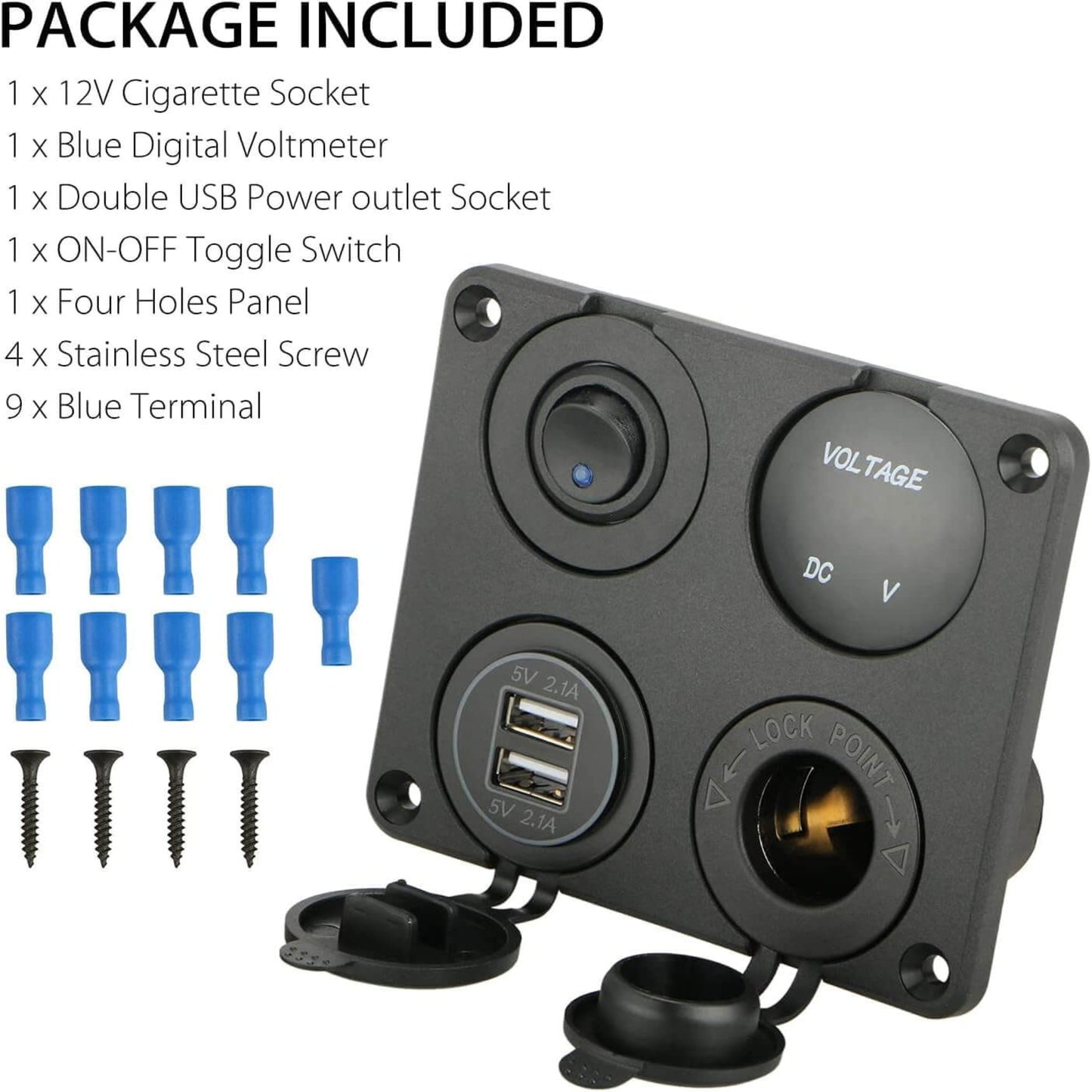 Package contents for the 4-in-1 switch panel, including the panel, screws, and blue wire terminals.