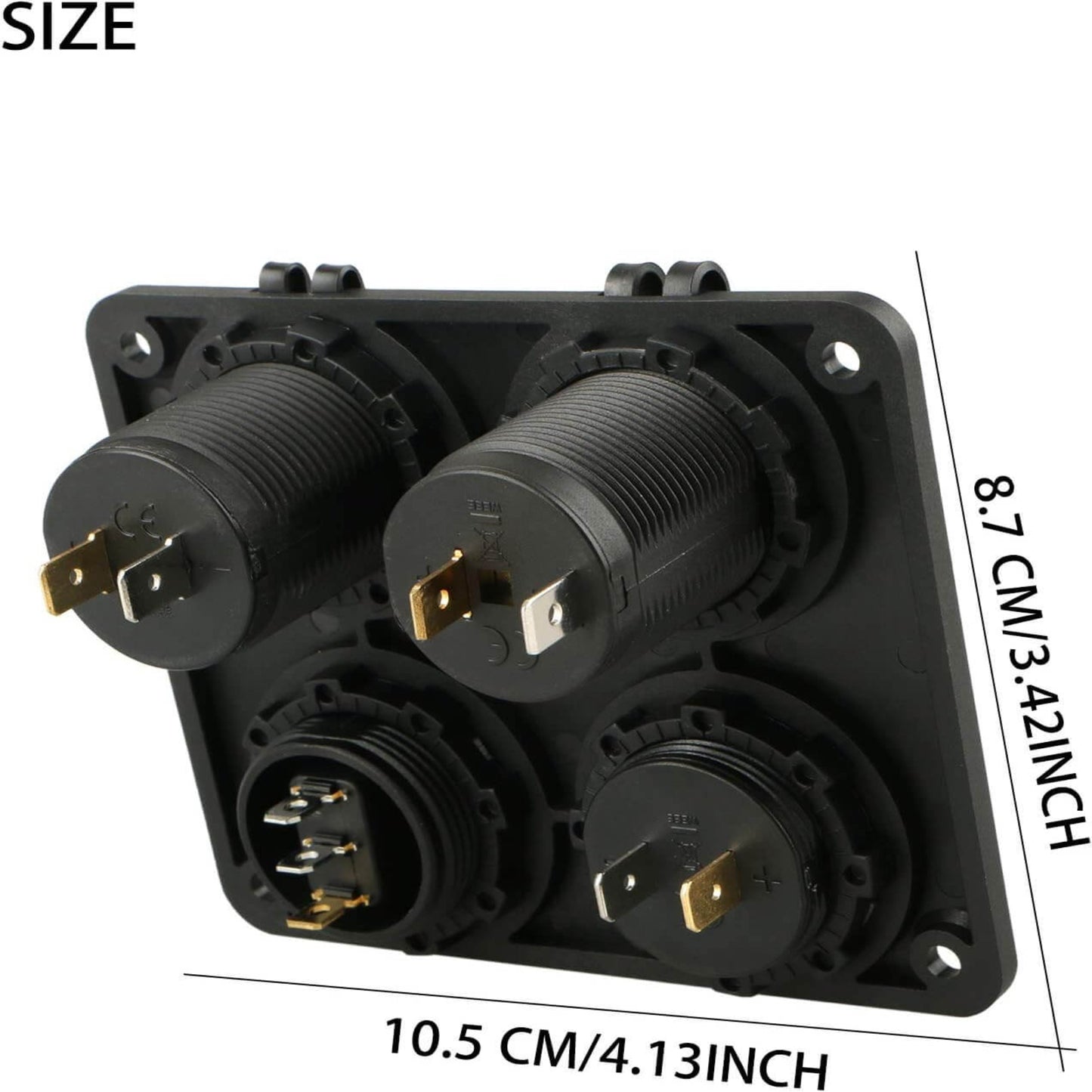 Back view of the 4-in-1 power panel showing dimensions: 10.5 cm wide by 8.7 cm high.