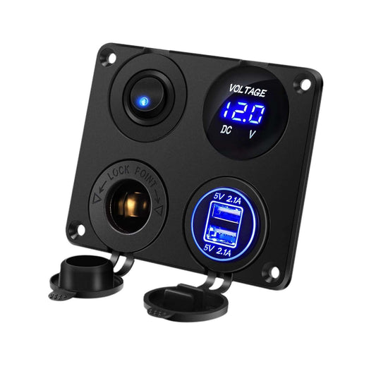 Front view of the 4-in-1 charger switch panel with dual USB ports, LED voltmeter, toggle switch, and 12V socket.