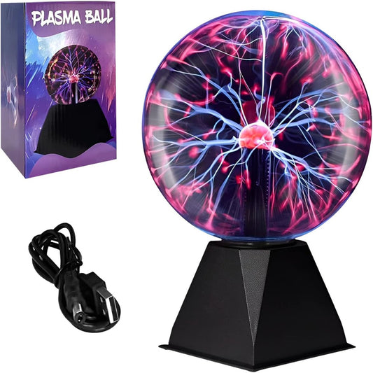 4-inch USB plasma ball lamp with colorful lightning display, packaging, and USB cable nearby.