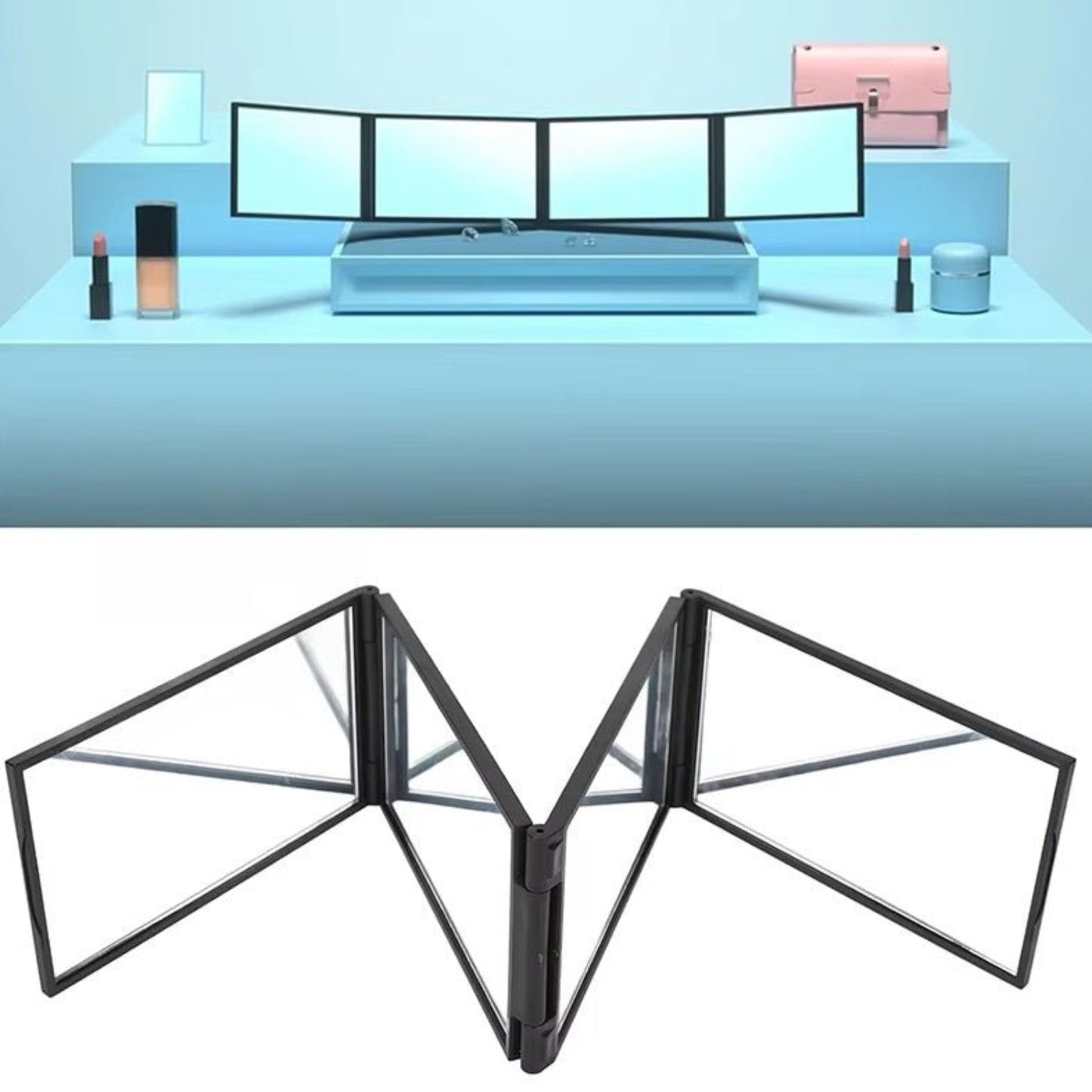 360° folding mirror for hair and makeup on a blue background with cosmetics, showcasing a complete view.