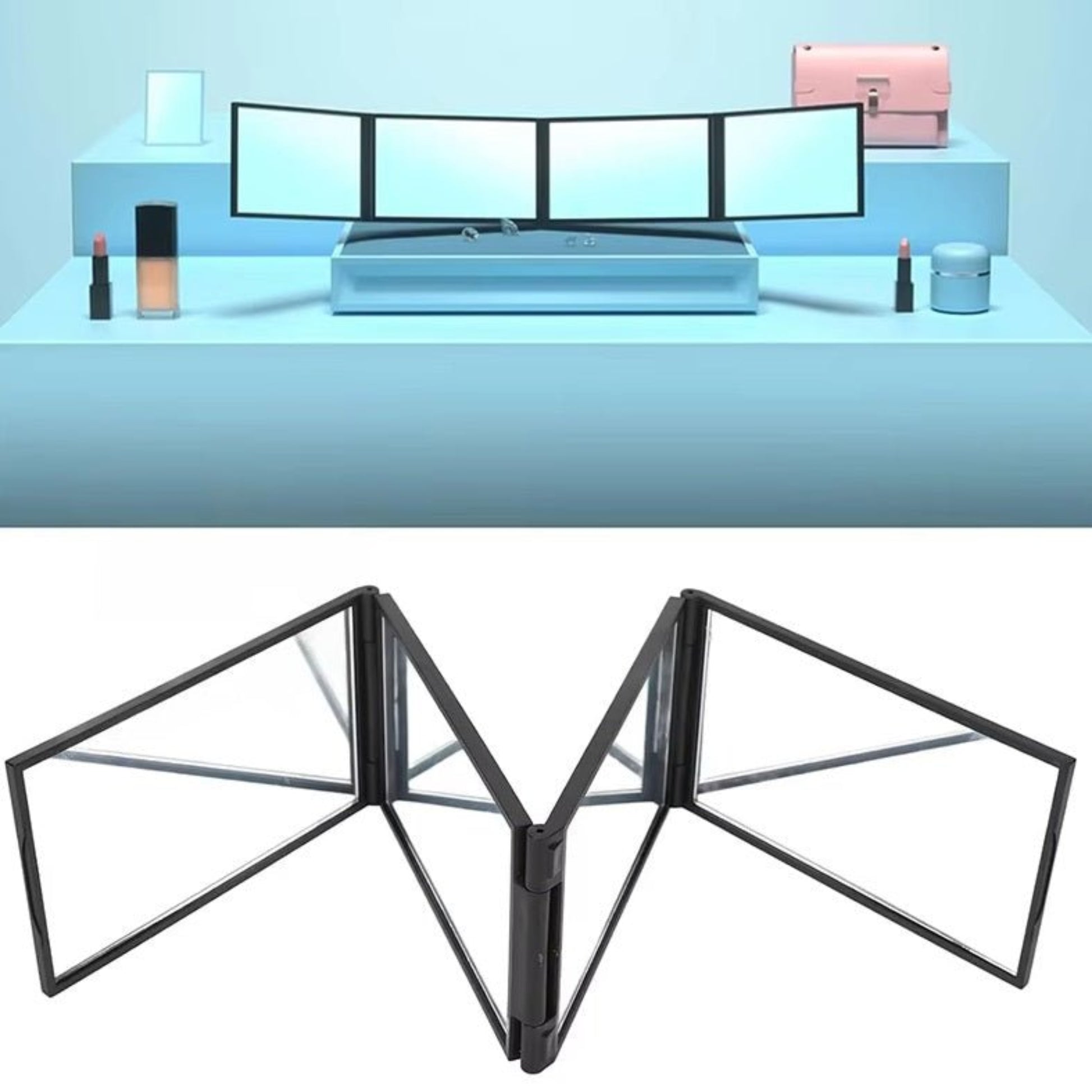 360° folding mirror for hair and makeup on a blue background with cosmetics, showcasing a complete view.