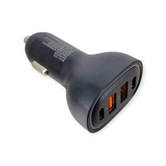 Angled view of the black 4-port fast car charger showing its dual USB-C PD and dual orange USB-A QC 3.0 ports.