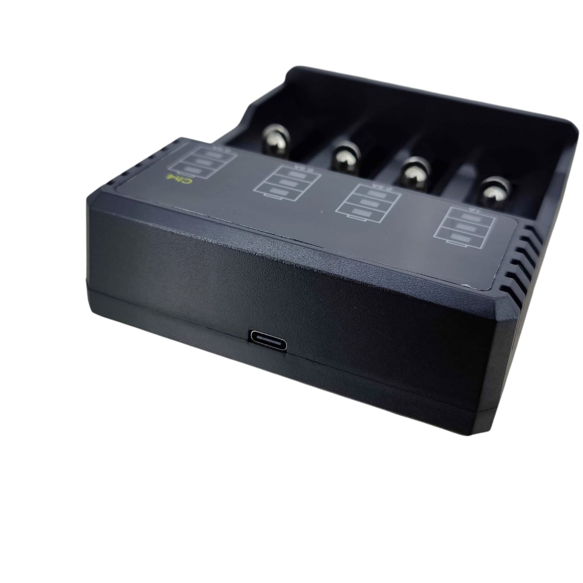 CH4 4-Slot USB-C Li-ion Battery Charger for 18650/26650/21700 with USB-C port and four slot design.
