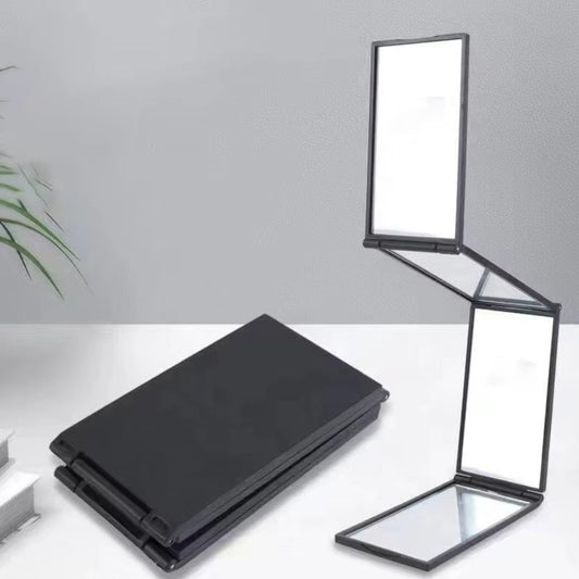 4-Way 360° Folding Mirror displayed open and closed, ideal for hair and makeup styling with high-definition panels.