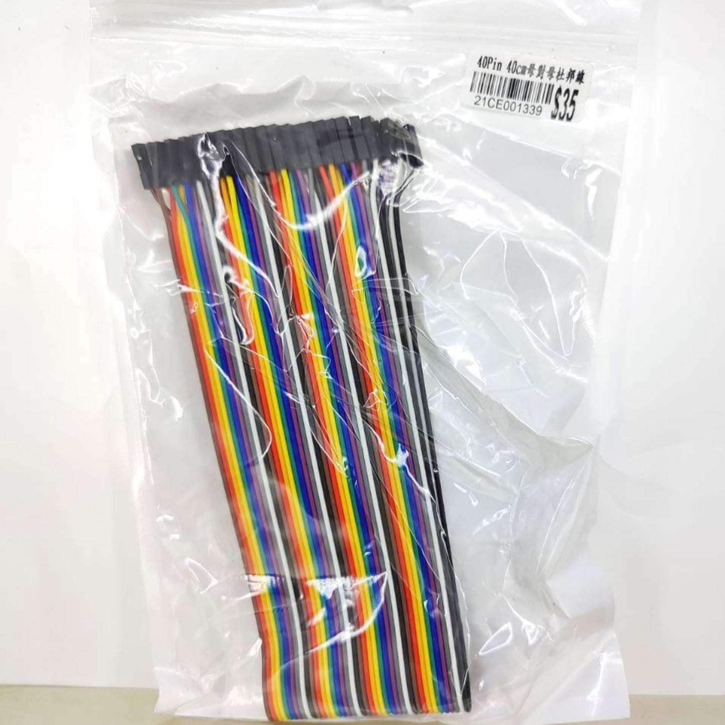 40-pin female-to-female jumper wires in a clear package, ideal for Arduino and Raspberry Pi projects.