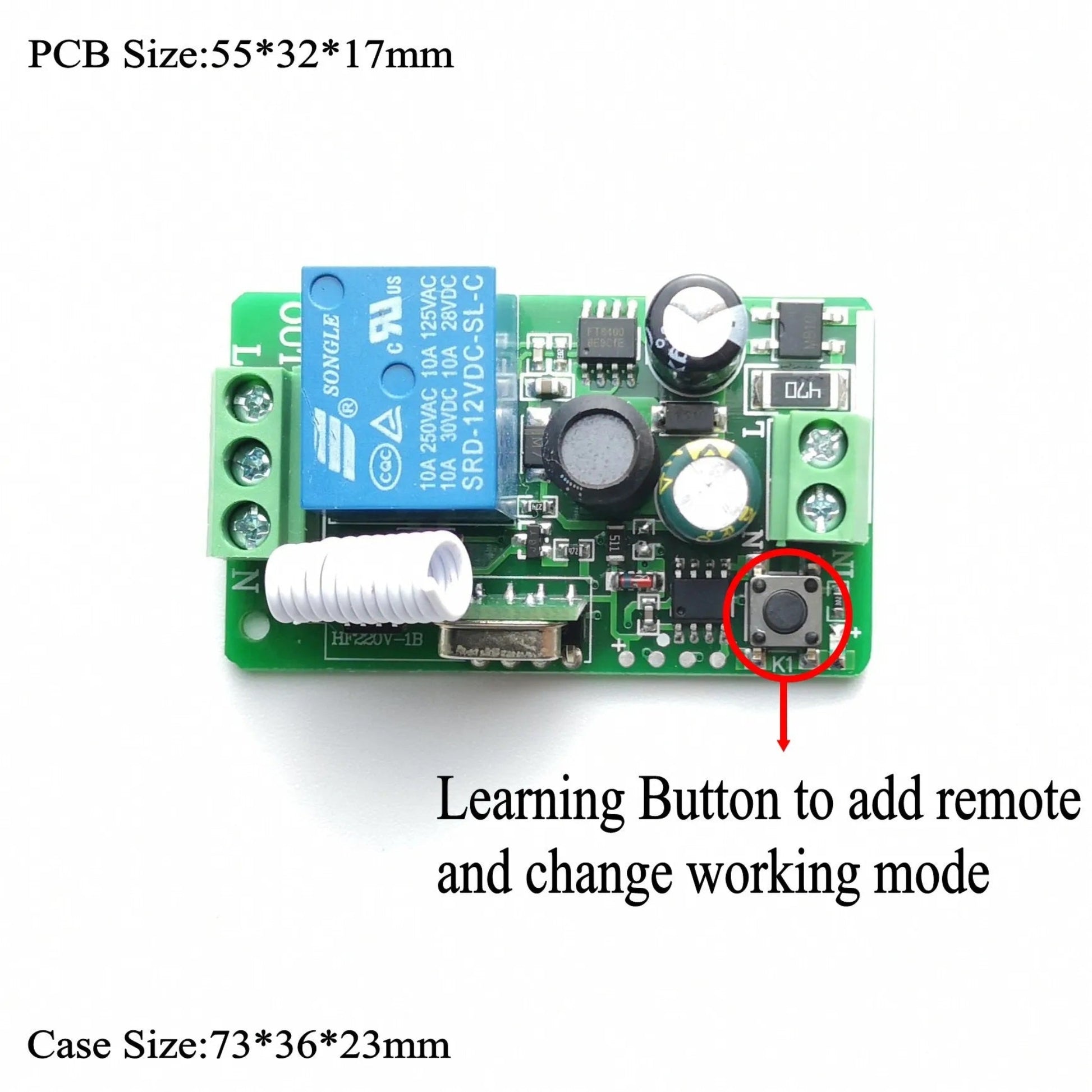 Close-up of a 433MHz RF remote control switch PCB showing dimensions and learning button for remote setup.