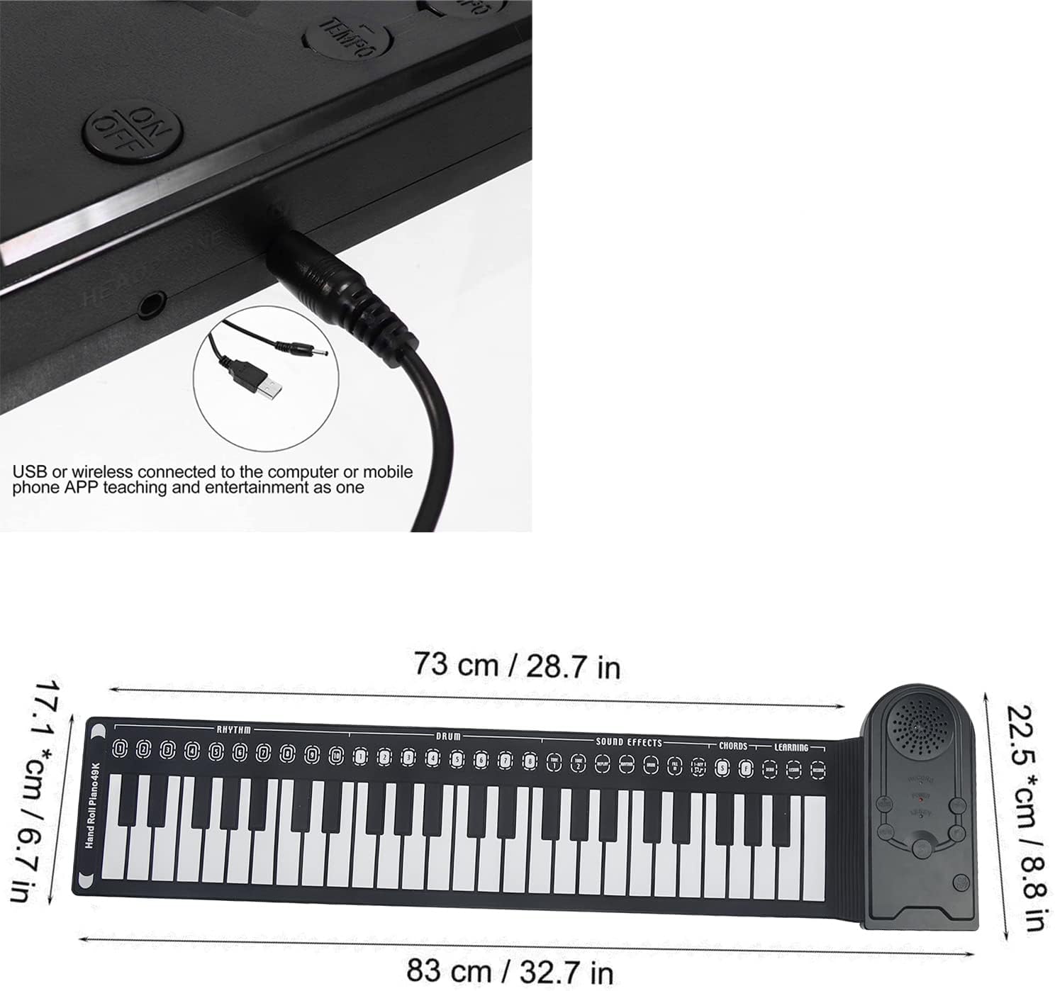 Image of a 49-key roll-up piano keyboard showing connectivity options and dimensions for kids and beginners.