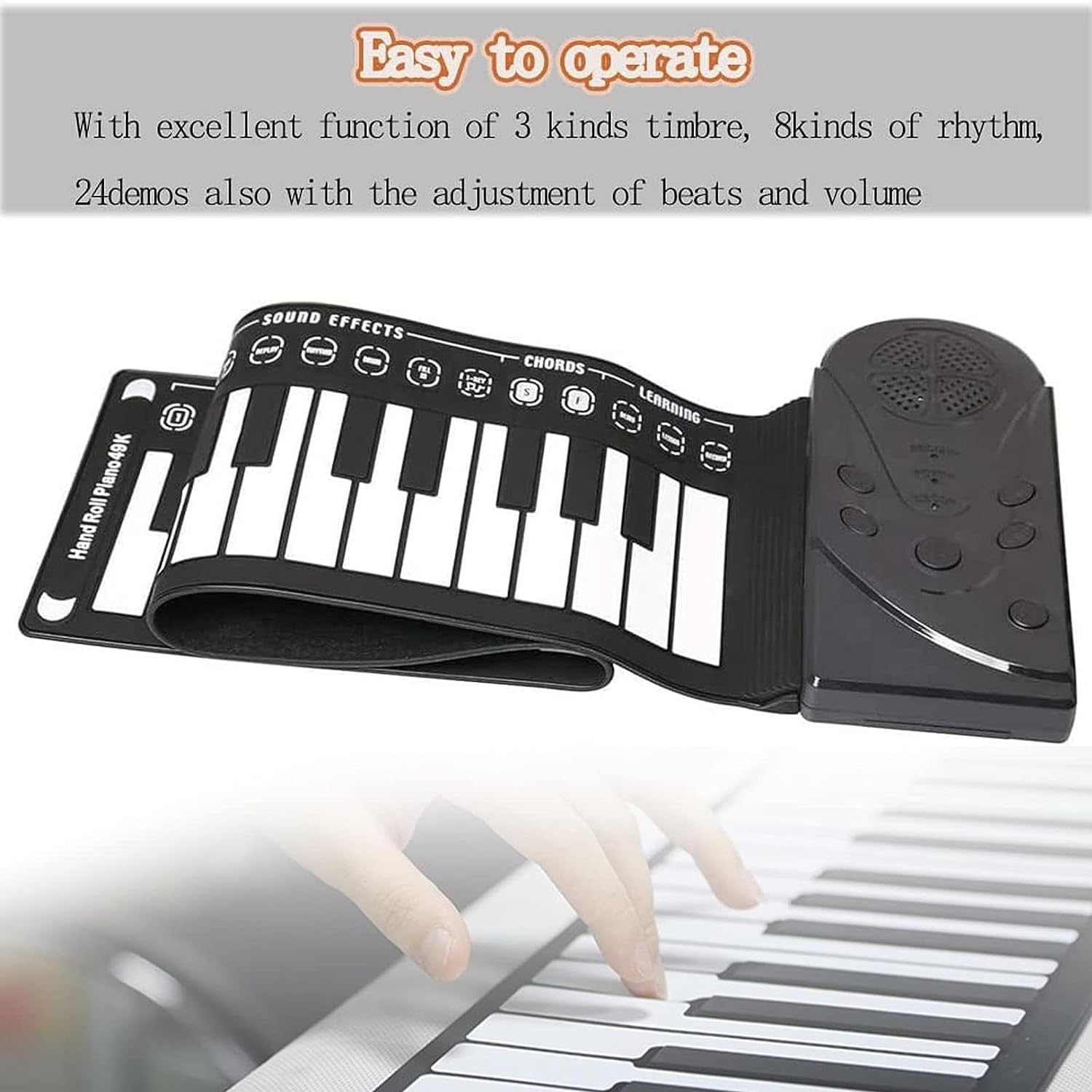 Portable 49-key roll-up piano keyboard with adjustable beats, volume, and multiple sound effects.