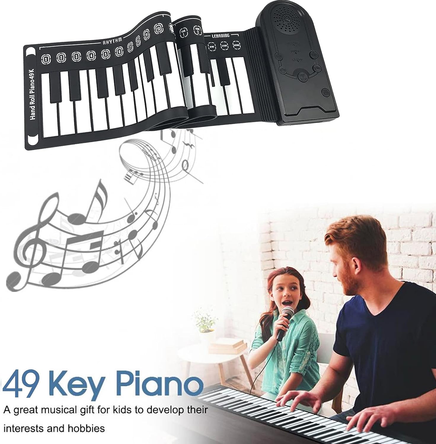 Image of a 49-key roll-up piano keyboard, perfect for kids and beginners to explore music anywhere.