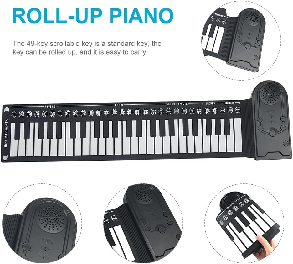 49-key roll-up piano keyboard showcasing its portable design, ideal for kids and beginners to enjoy music anytime, anywhere.