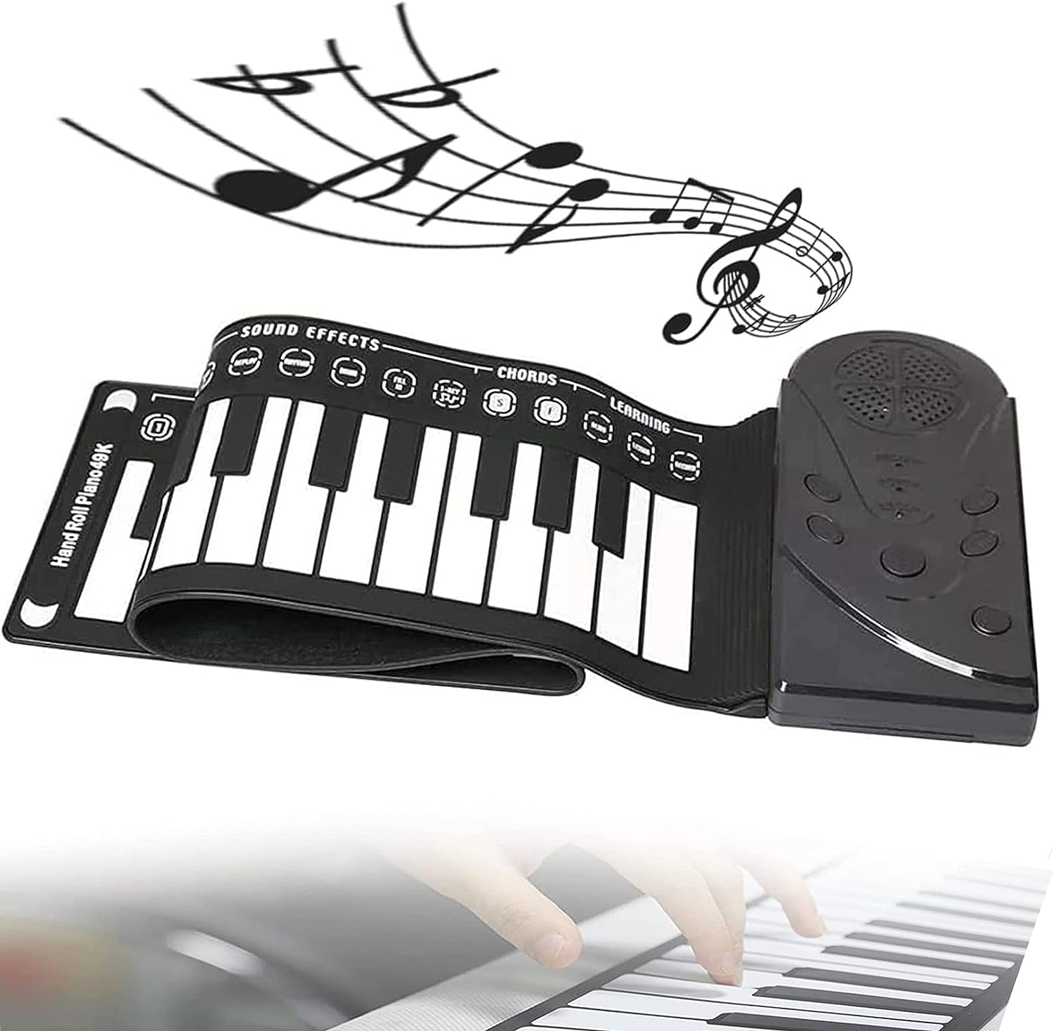 Portable 49-key roll-up piano keyboard for kids with sound effects and learning features.