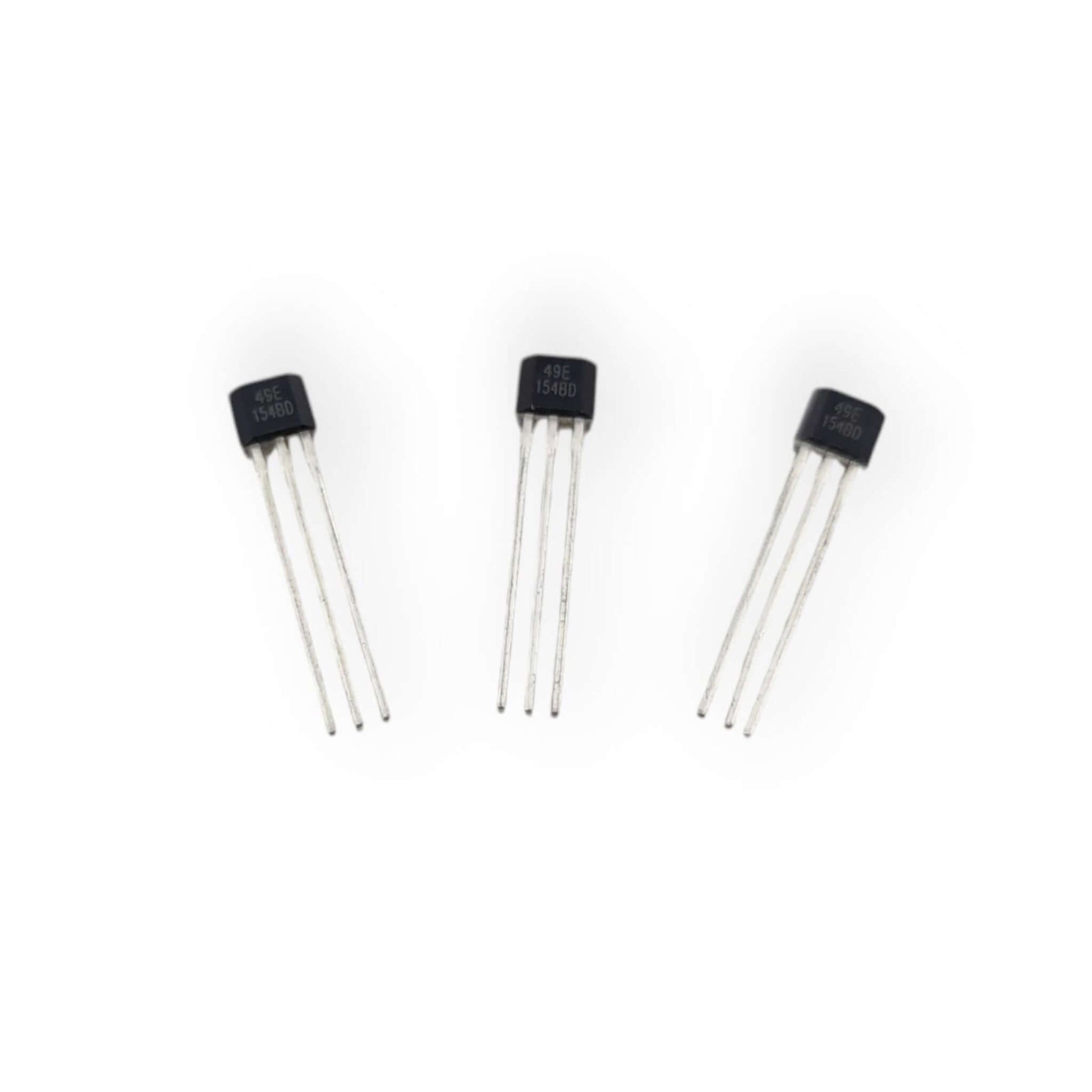 Close-up of a 49E linear Hall effect sensor, showing part number 49E 154GD, ideal for precise magnetic field detection.