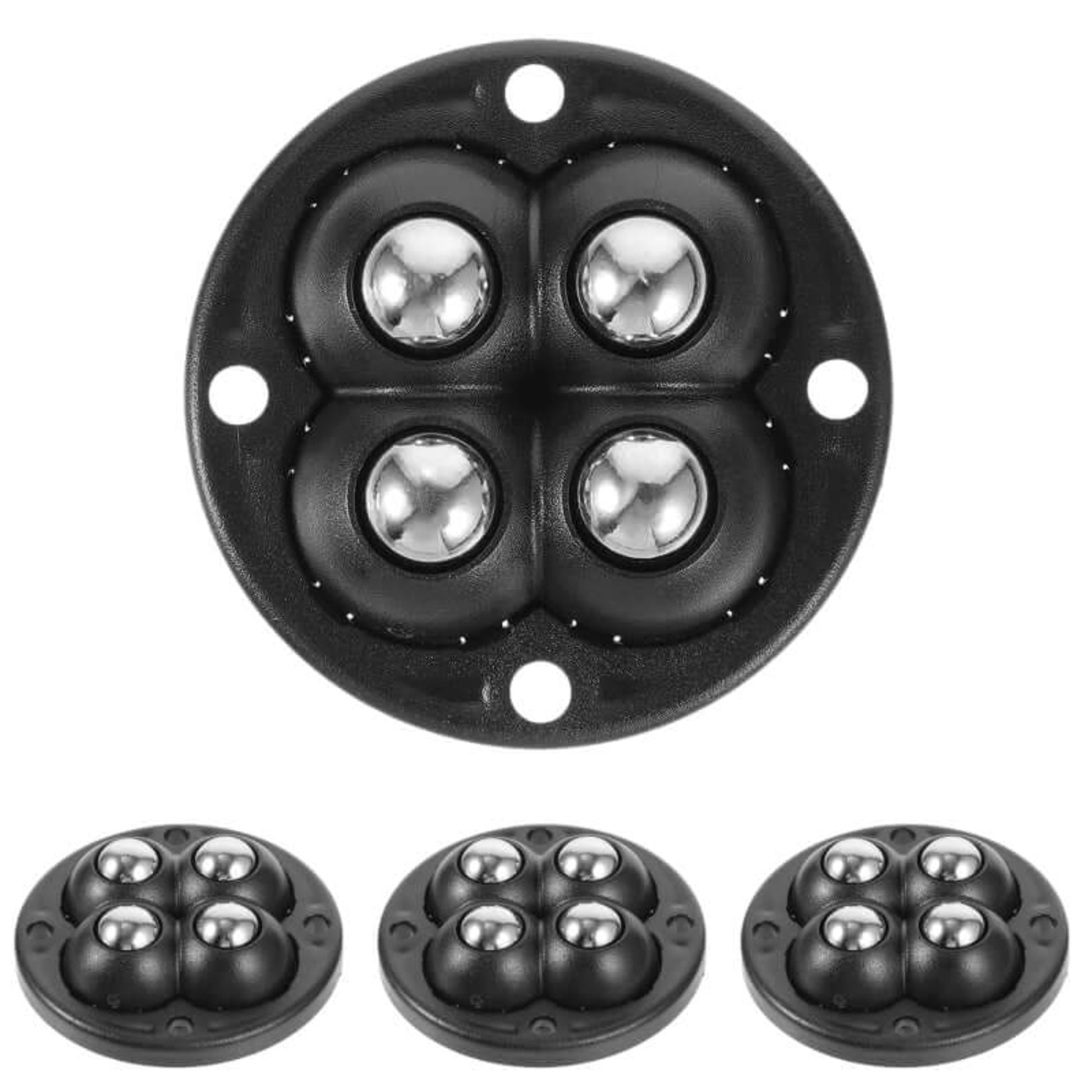 Pack shot of four self-adhesive ball wheels, showcasing the product ready for use on furniture or household items.