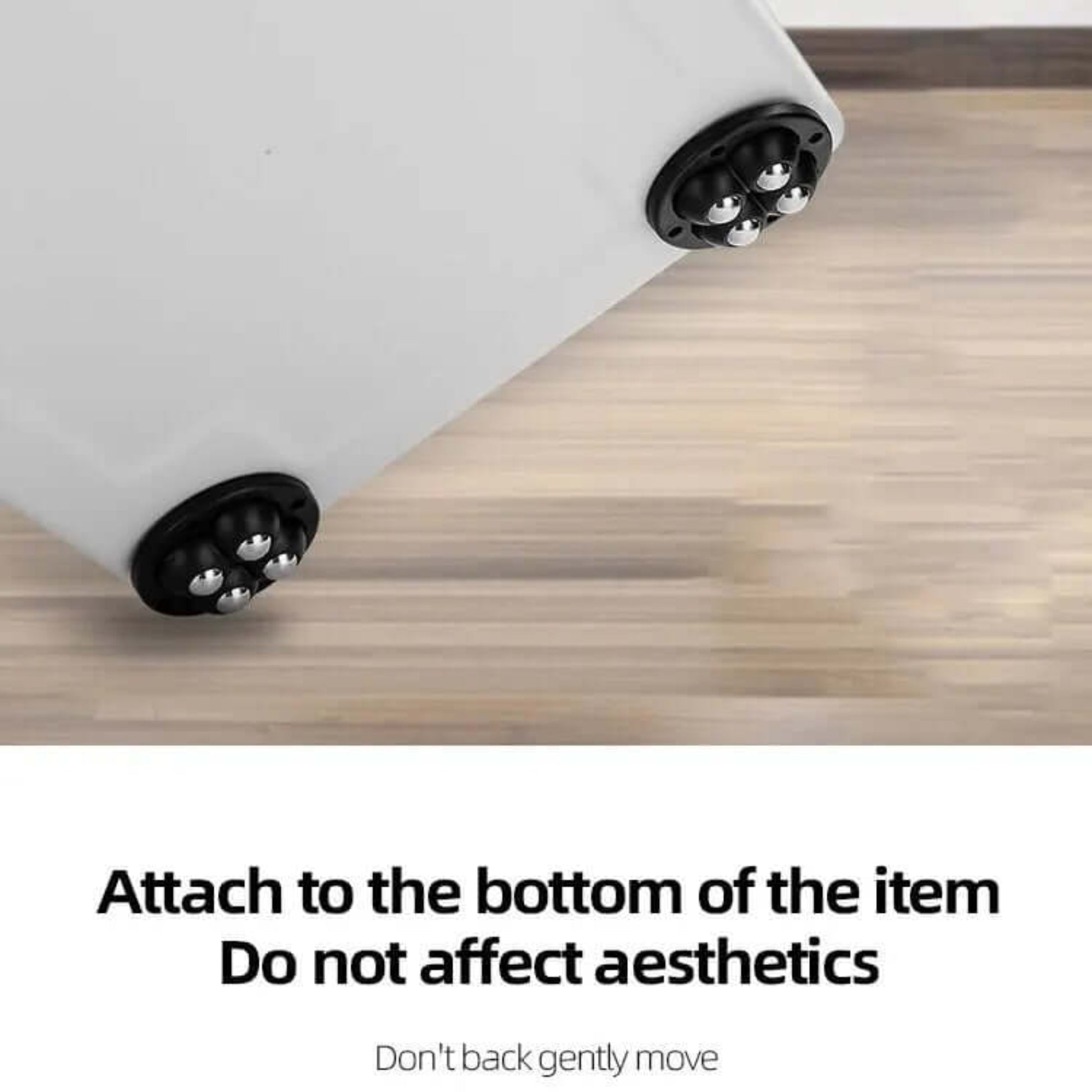 Self-adhesive ball wheels attached to the bottom of a trash can, demonstrating easy mobility without affecting aesthetics.