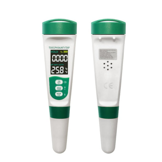 Front and back view of the green and white 5-in-1 digital water quality tester, showing the LCD screen and button layout.