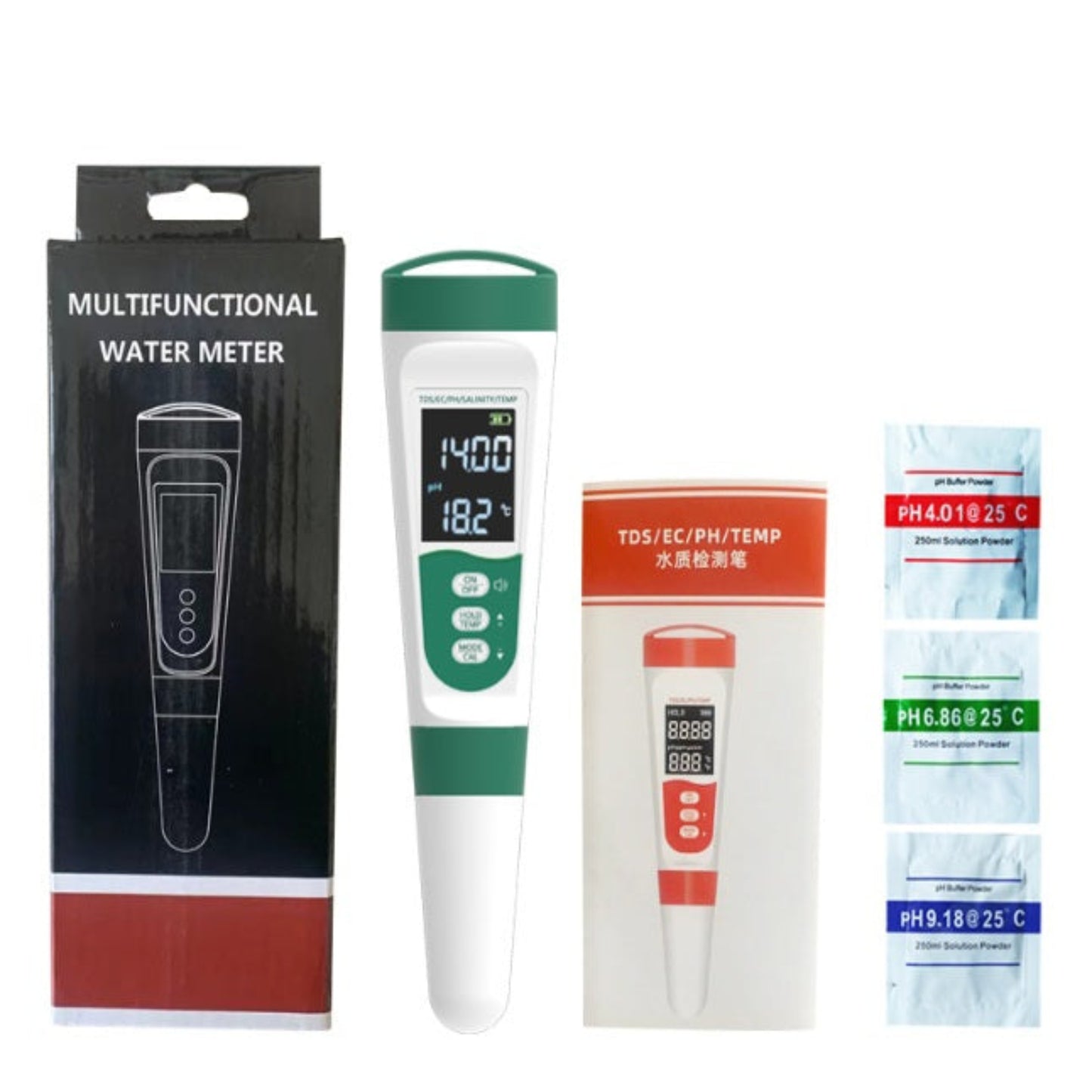 The complete package for the 5-in-1 water quality meter, including the tester, box, manual, and pH calibration buffer powders.