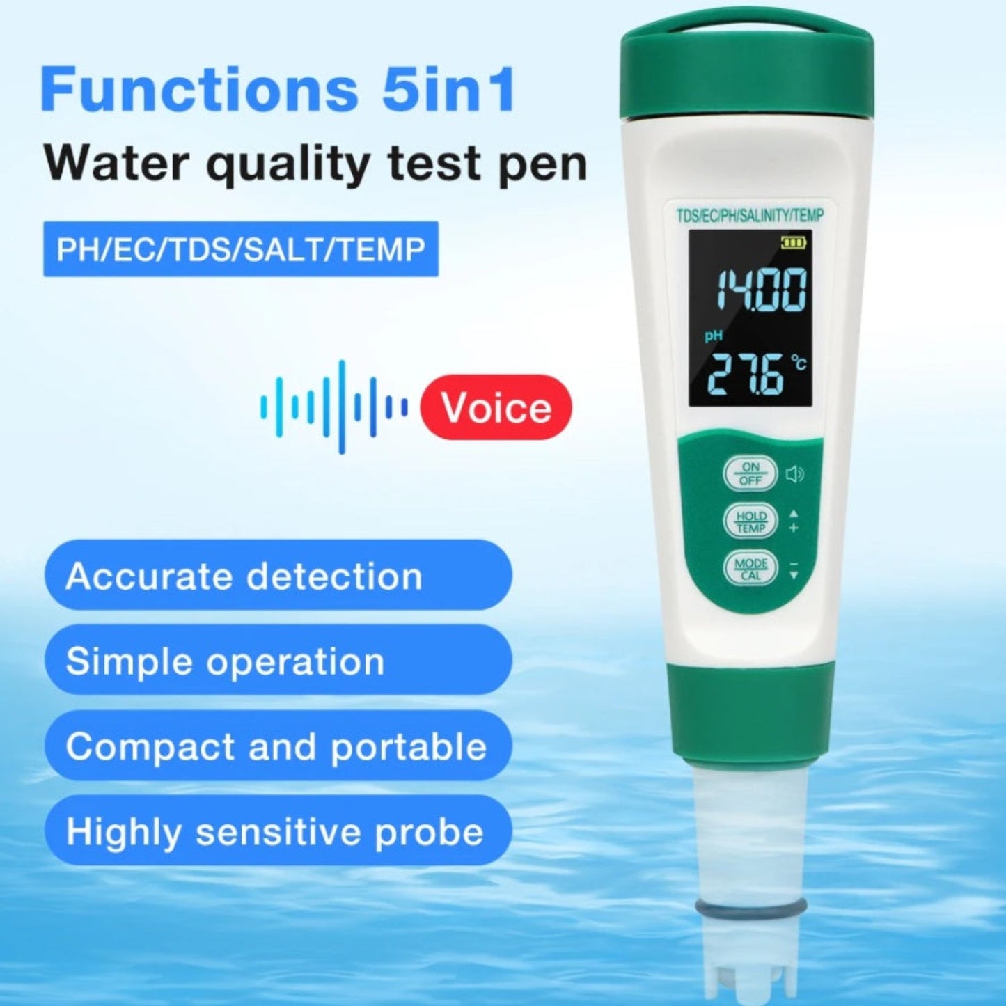 A graphic highlighting the 5-in-1 functions (PH/EC/TDS/SALT/TEMP) and voice broadcast feature of the water quality test pen.