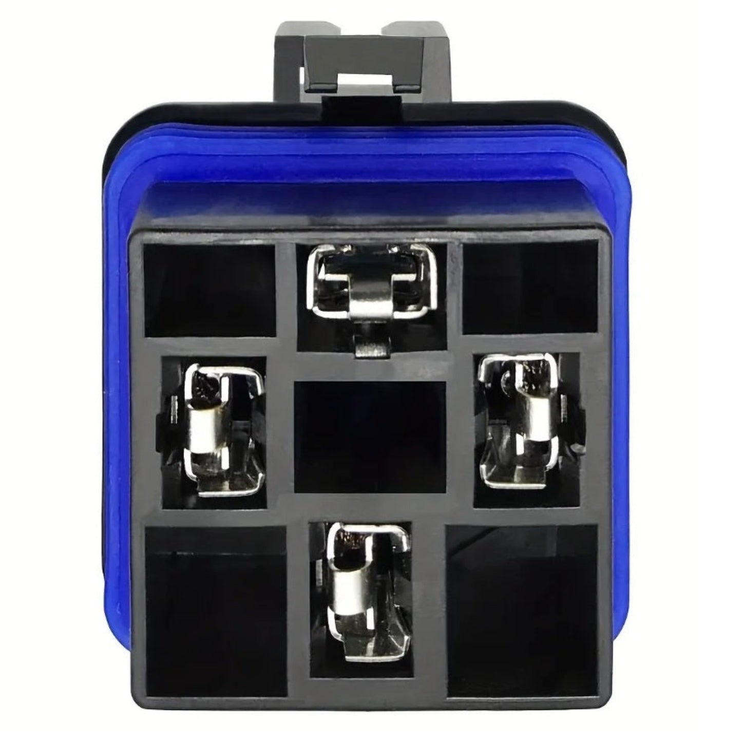 Top-down view of the 5-pin waterproof relay socket with its protective blue seal.