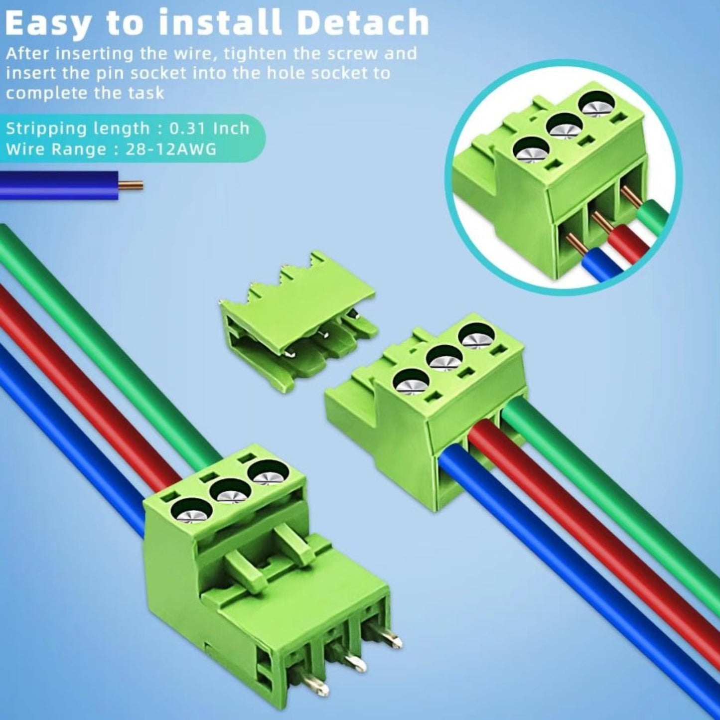 Green PCB terminal block connectors with wires showing easy installation and specifications for wire stripping and range.