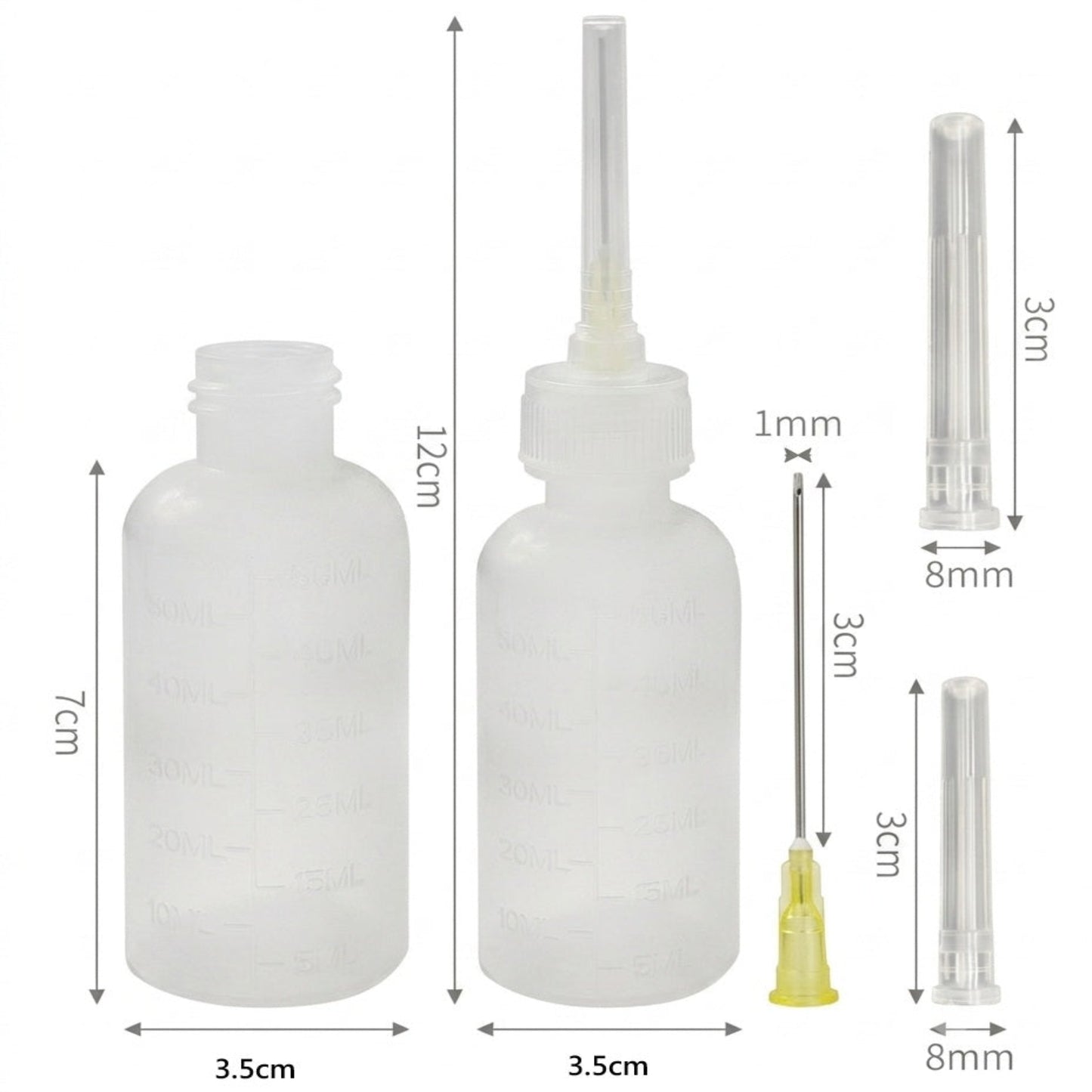 55ml 精準滴瓶的詳細尺寸圖解,標示了 12cm 的整體高度、7cm 的樽身及 3cm 的不鏽鋼針頭長度。